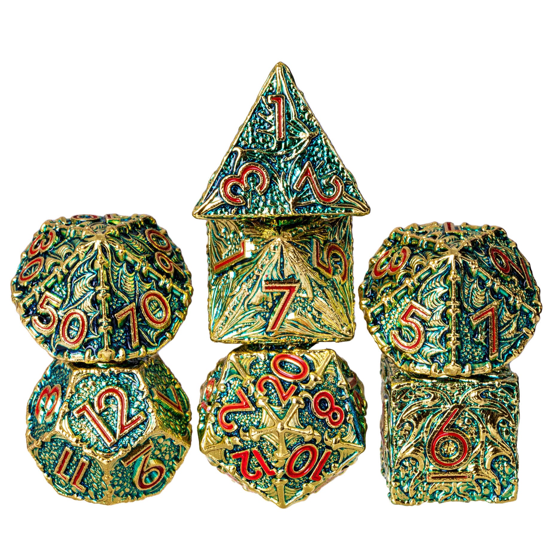 Dragon 7 Polyhedral Metal Dice Set D And D Green Red - Dice of Dragons