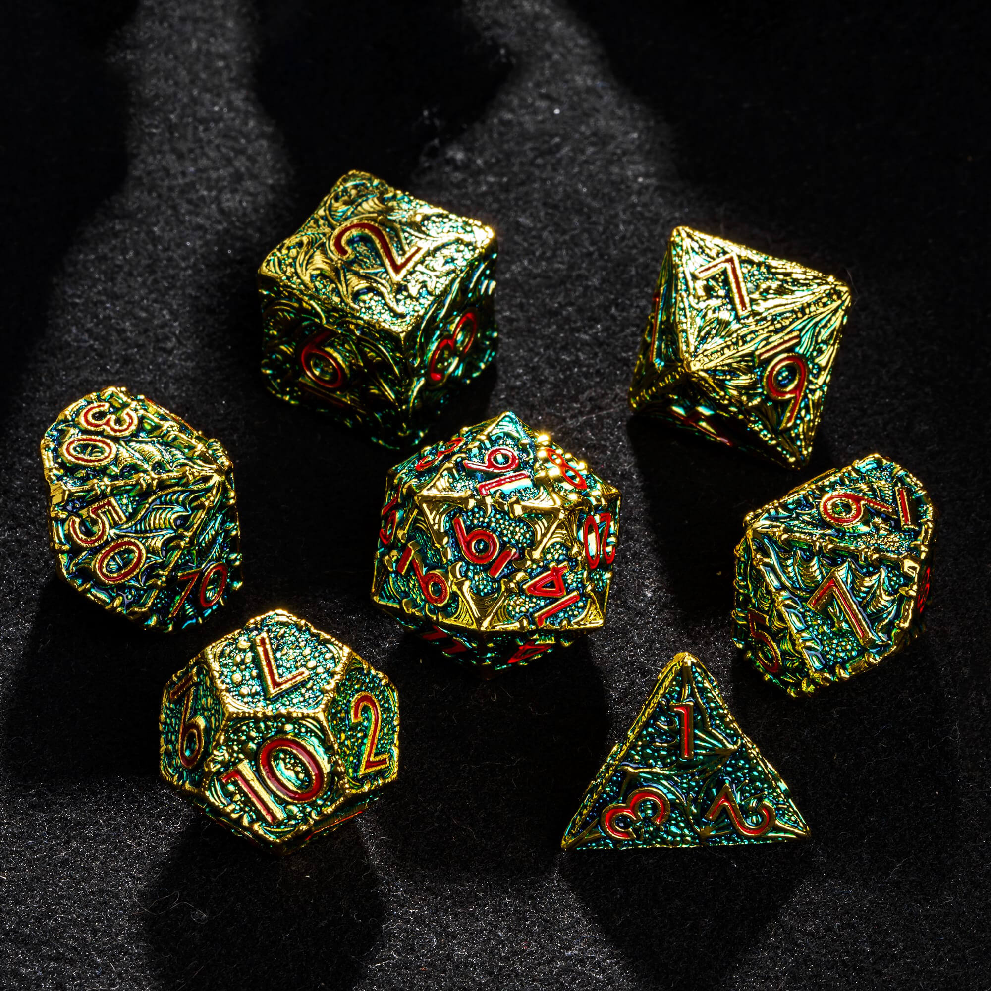 Dragon 7 Polyhedral Metal Dice Set D And D Green Red - Dice of Dragons