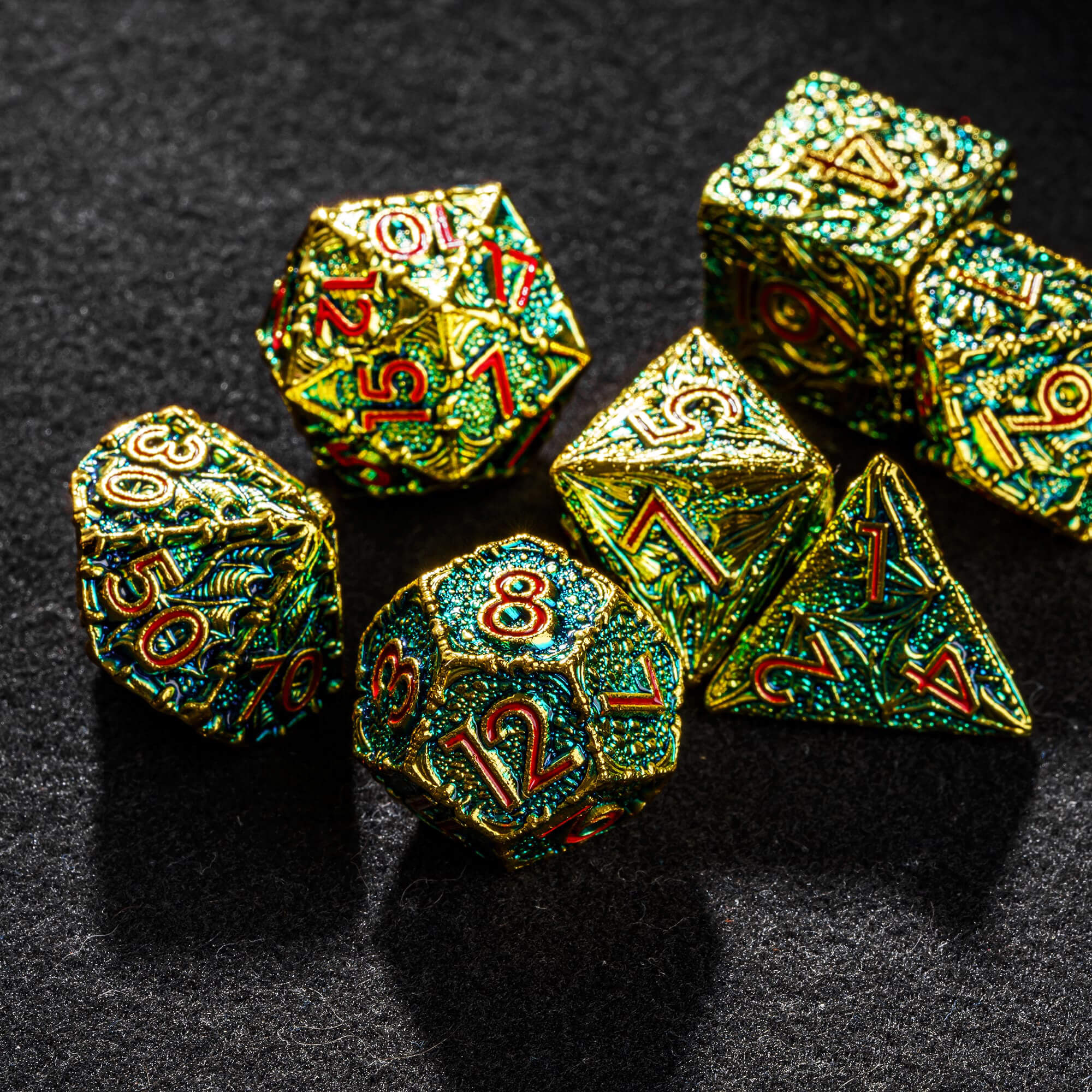 Dragon 7 Polyhedral Metal Dice Set D And D Green Red - Dice of Dragons