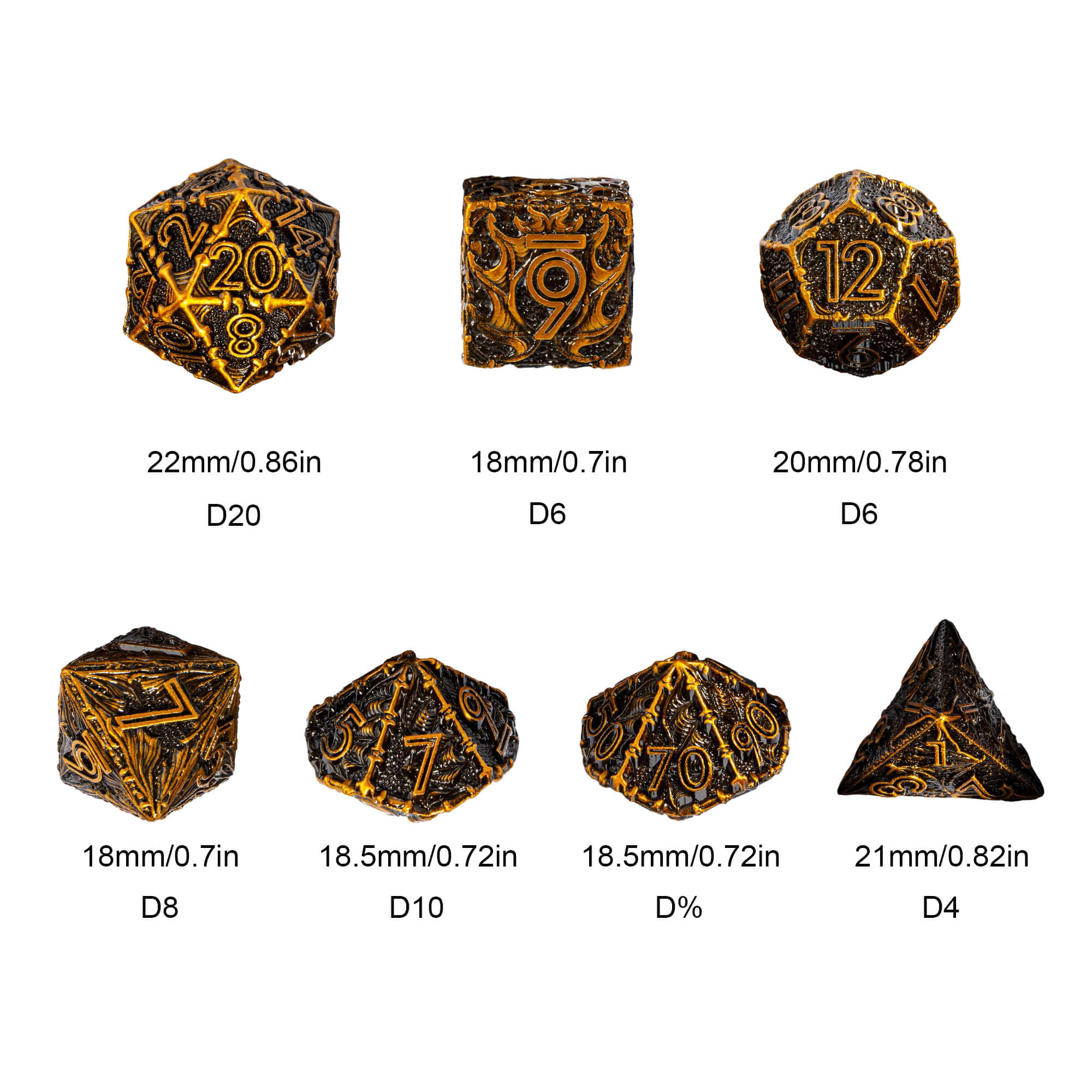 Dragon 7 Polyhedral Metal Dice Sets D&D Gold - Dice of Dragons