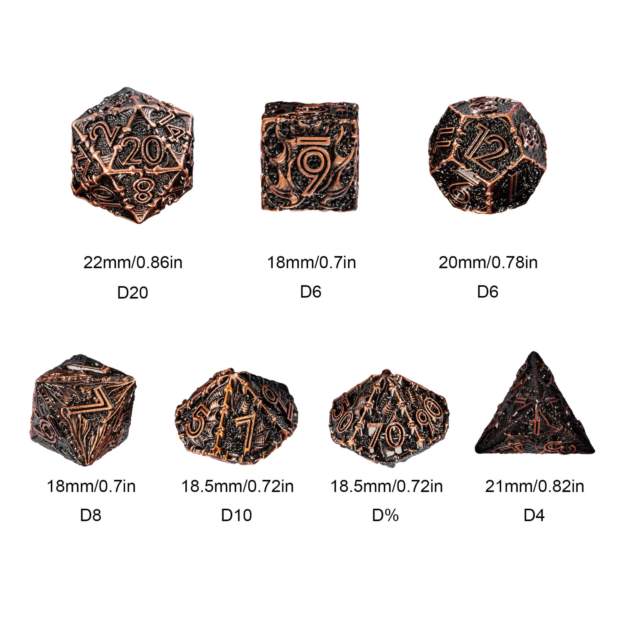 Dragon 7 Polyhedral Metal DnD Dice Sets Red Copper - Dice of Dragons