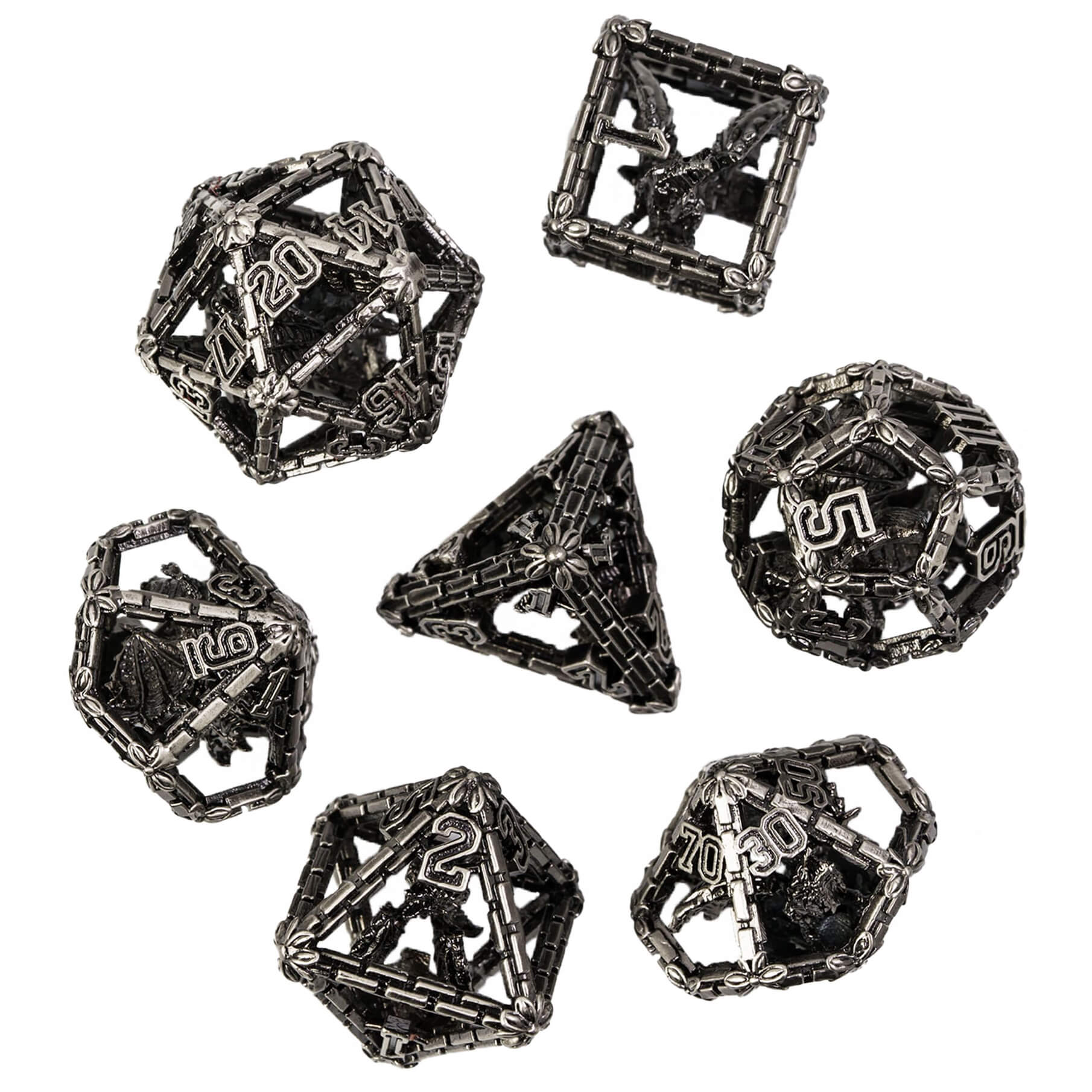 Dragon 7 Polyhedral Metal Hollow DD Dice Set Nickel - Dice of Dragons