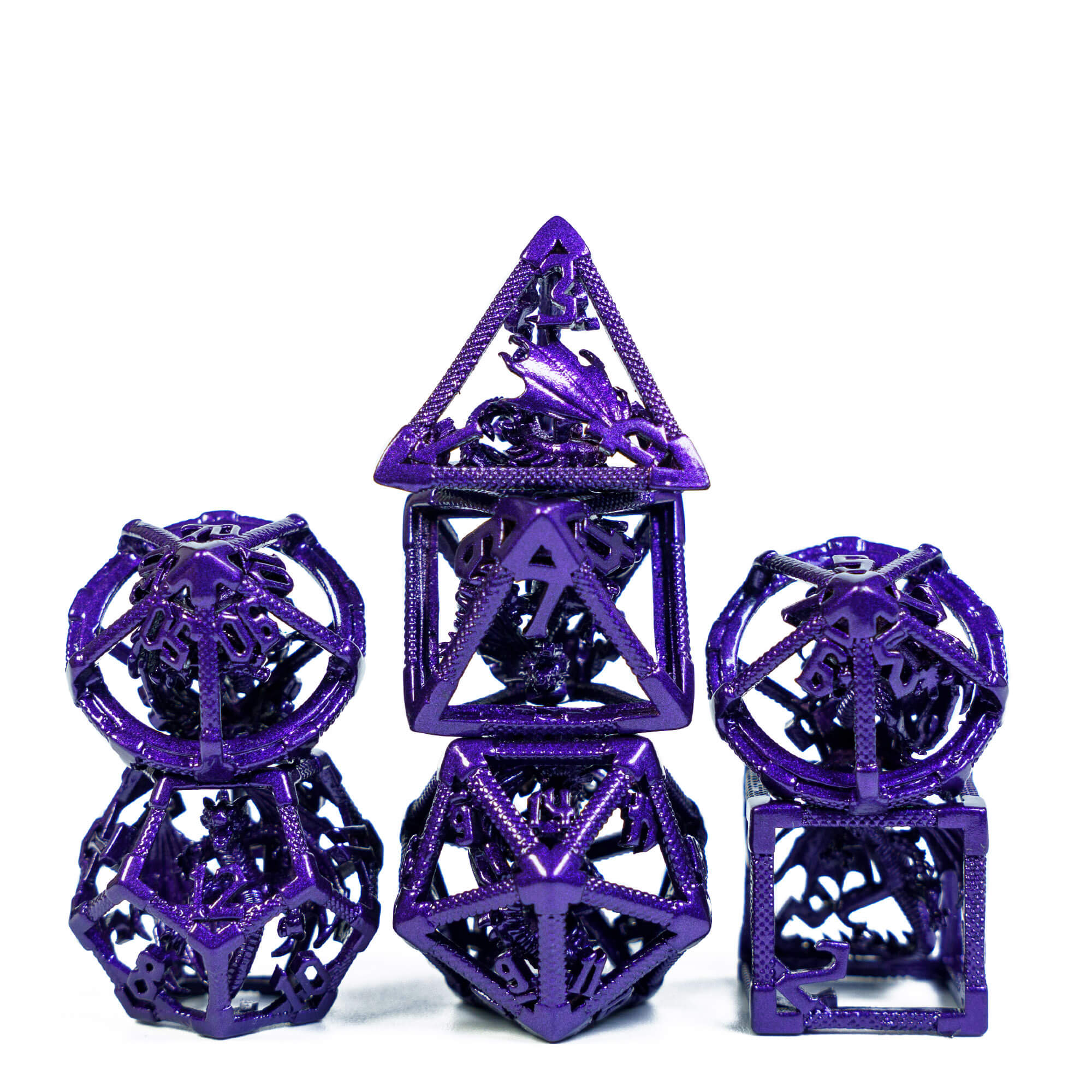 Dragon 7 Polyhedral Metal Hollow Dice Set DnD Purple - Dice of Dragons