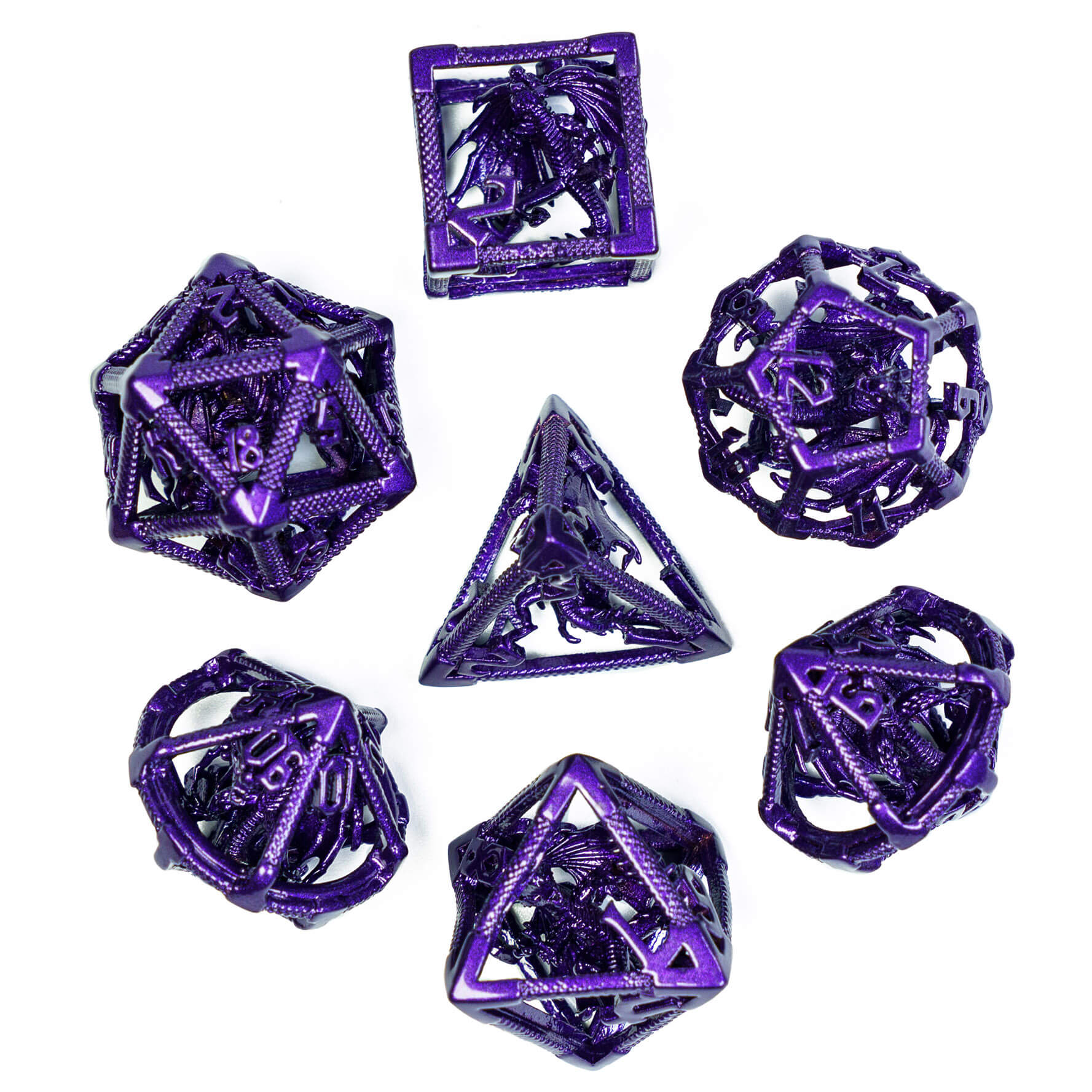 Dragon 7 Polyhedral Metal Hollow Dice Set DnD Purple - Dice of Dragons