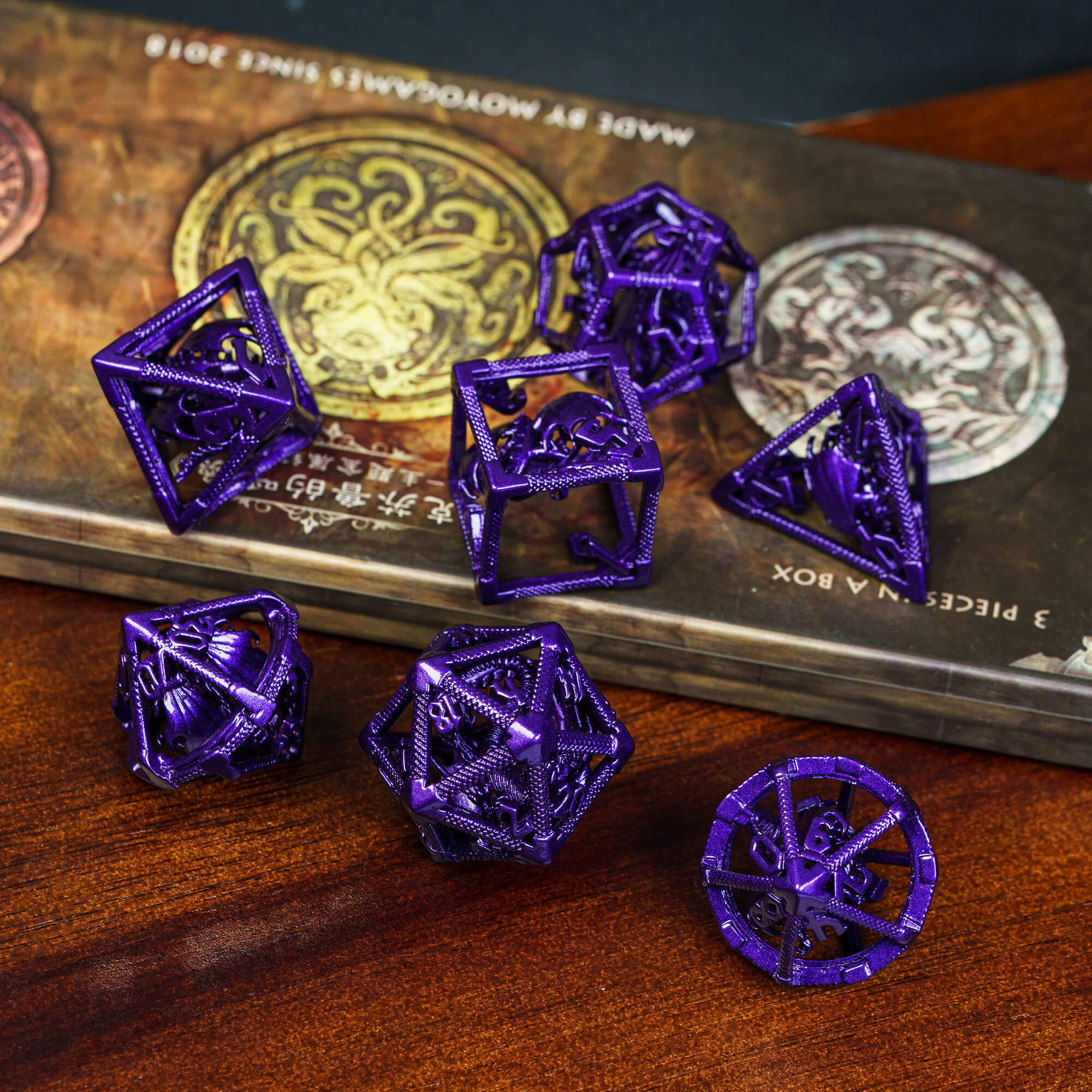 Dragon 7 Polyhedral Metal Hollow Dice Set DnD Purple - Dice of Dragons