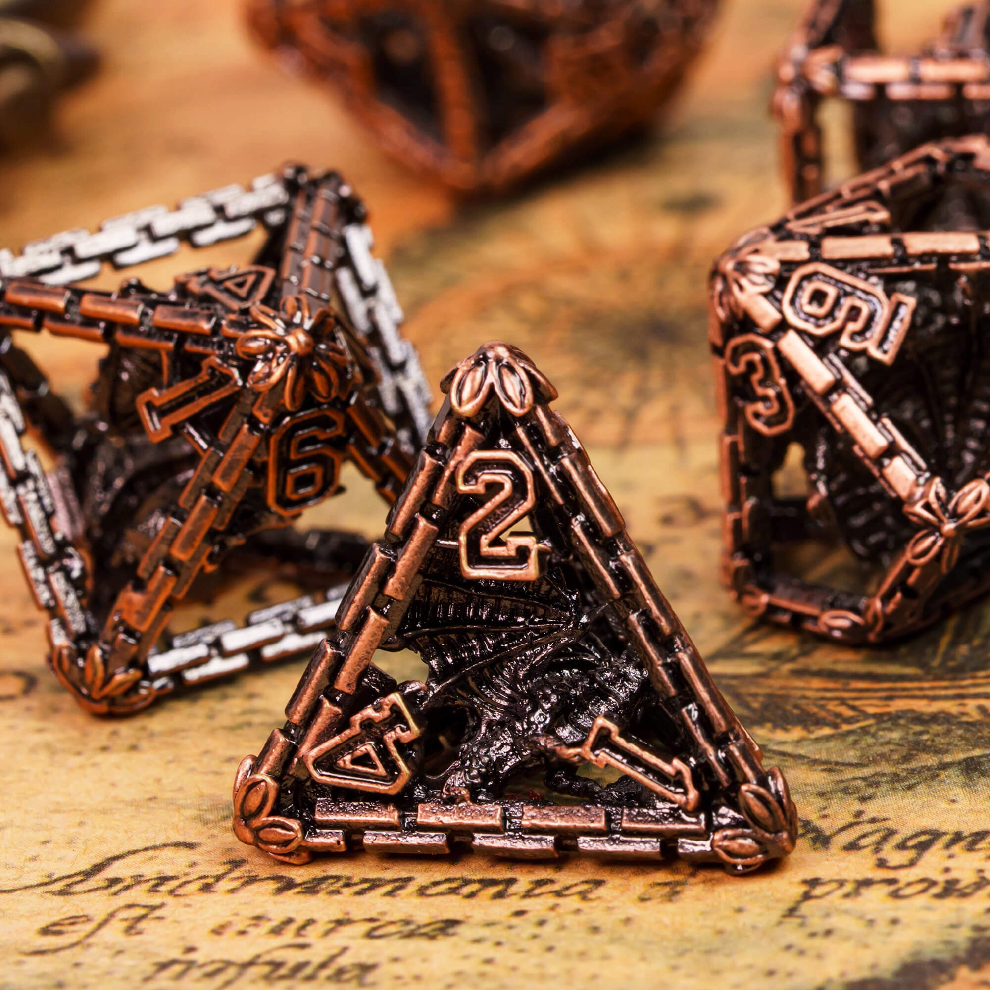 Dragon 7 Polyhedral Metal Hollow DnD Dice Set Red Copper - Dice of Dragons