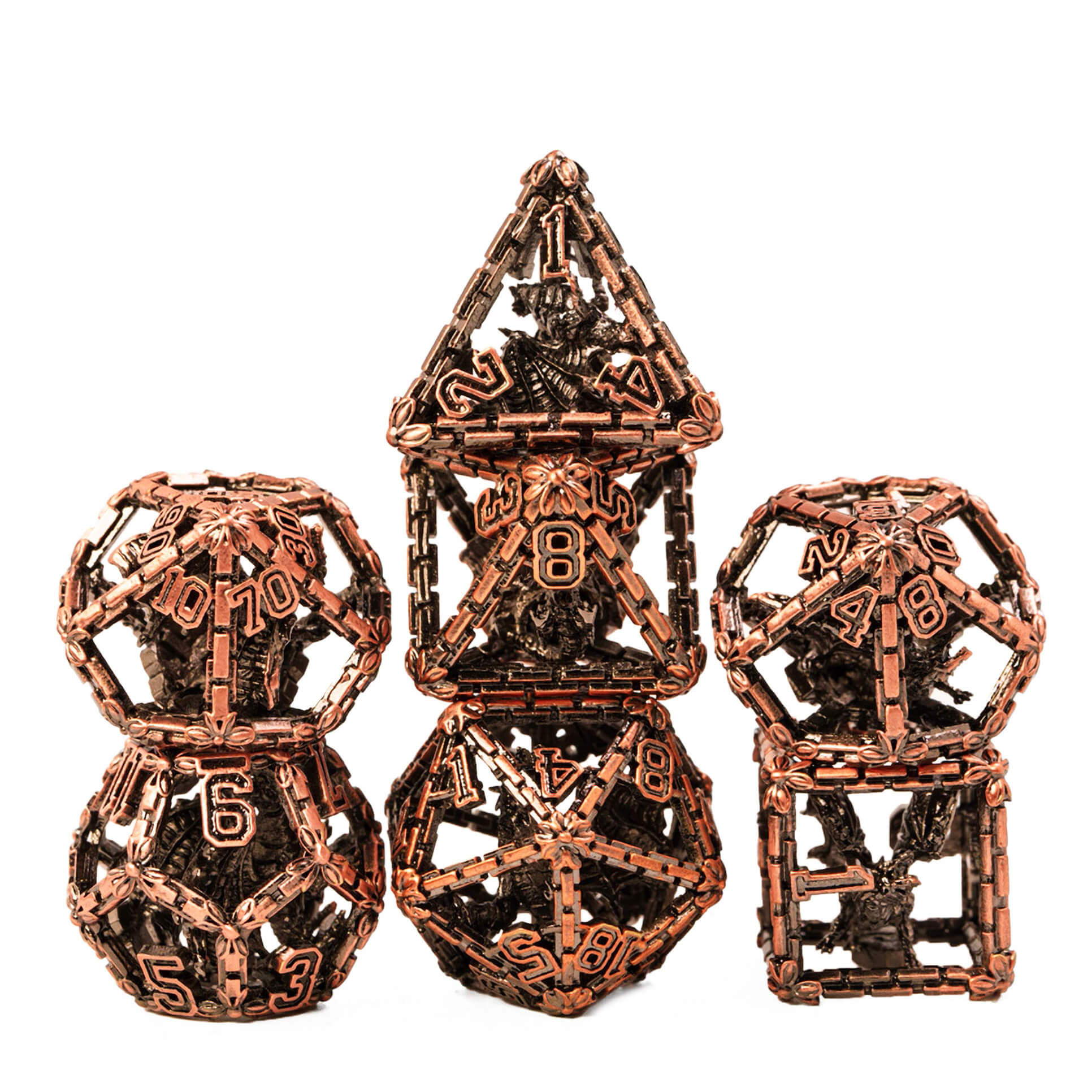 Dragon 7 Polyhedral Metal Hollow DnD Dice Set Red Copper - Dice of Dragons