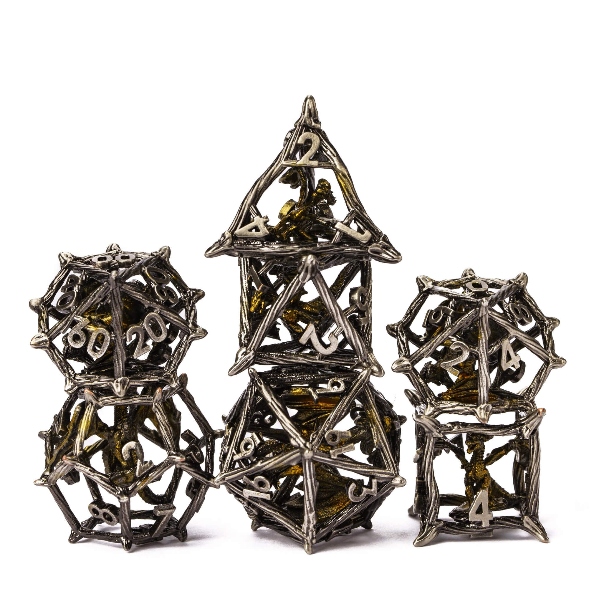 Dragon 7 Polyhedral Metal Hollow D&D Dice Sets Nickel Gold - Dice of Dragons