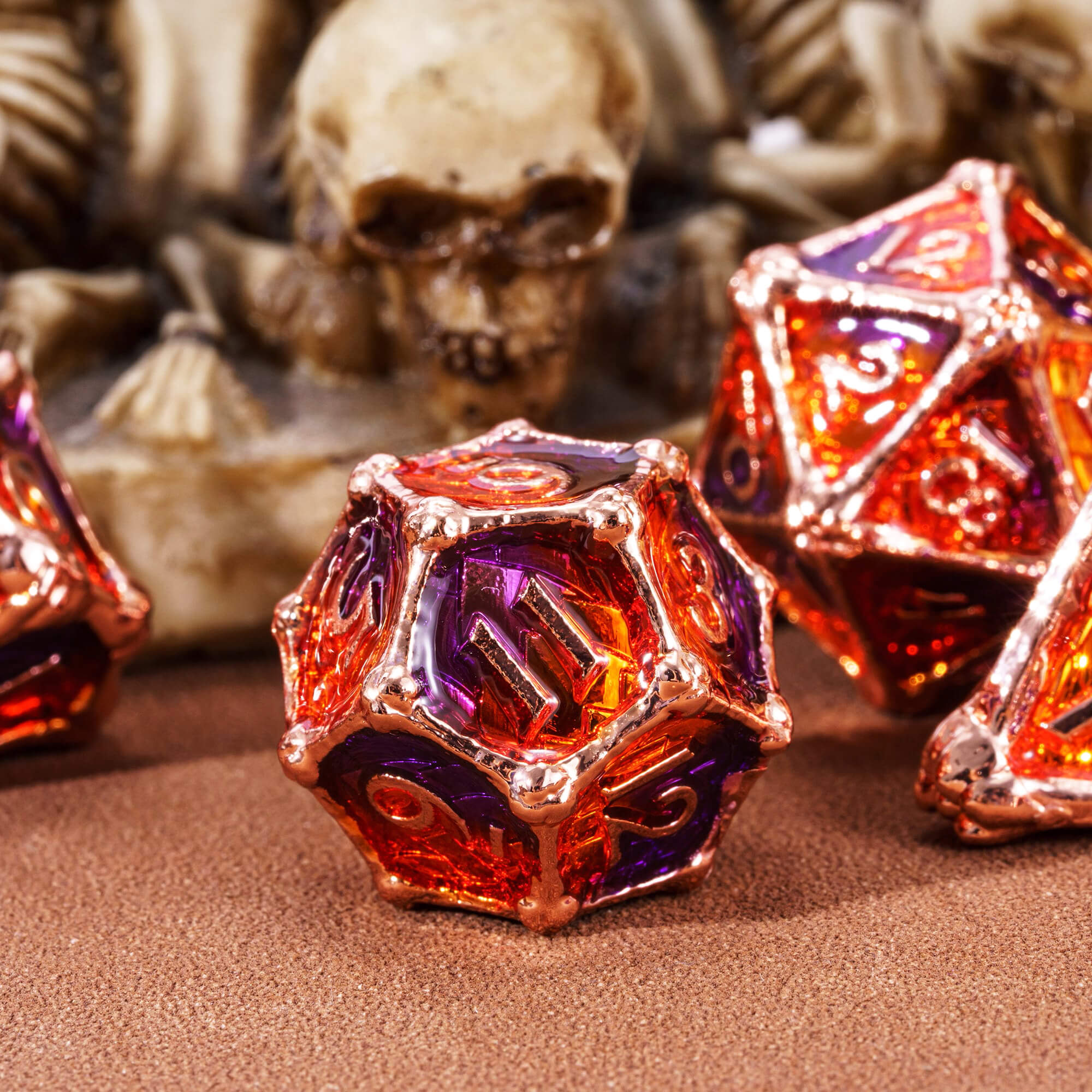 Dragon Bones 7 Metal Polyhedral Sets Dice DnD Purple Orange - Dice of Dragons