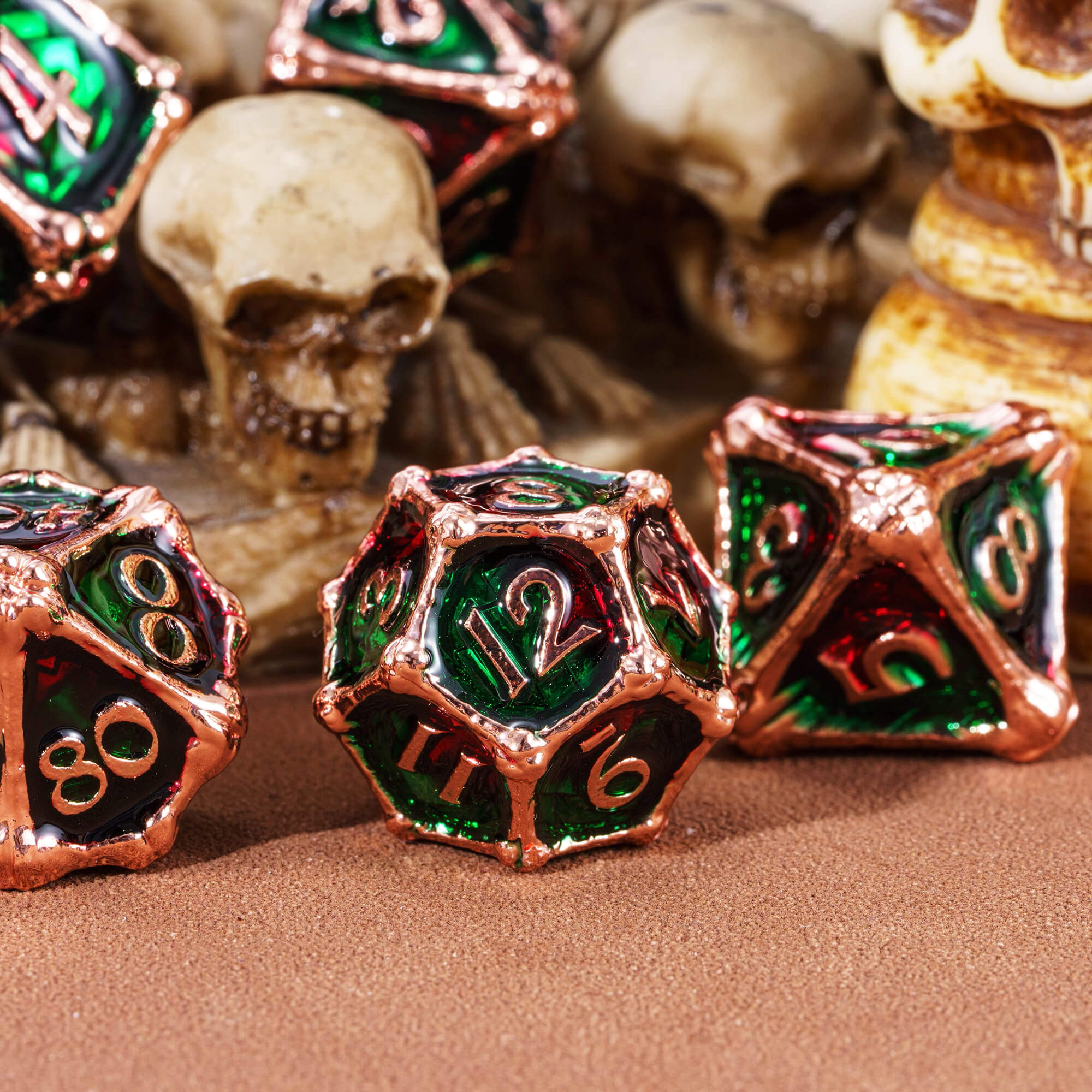 Dragon Bones 7 Metal Polyhedral Sets of Dice DnD Red Green - Dice of Dragons