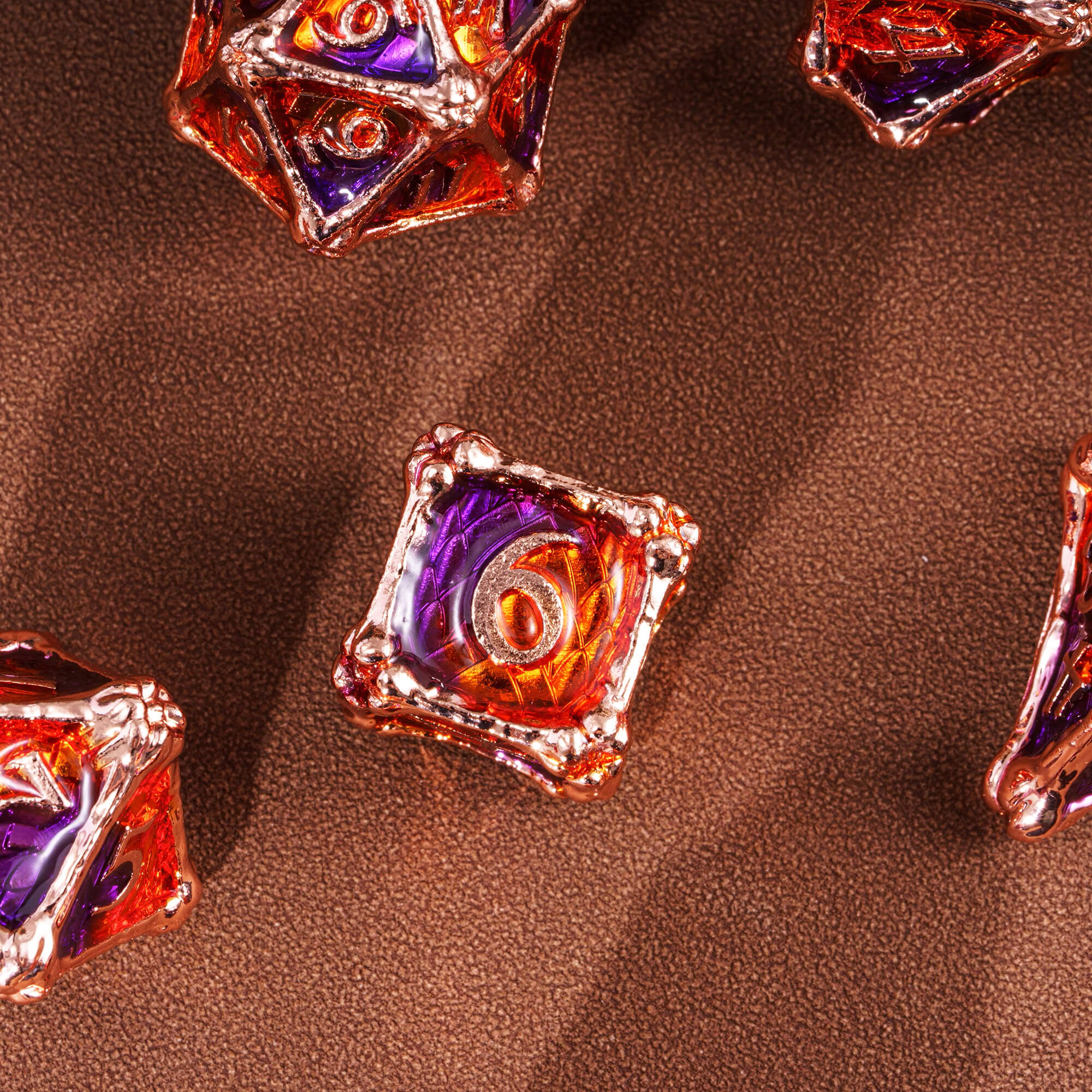 Dragon Bones 7 Metal Polyhedral Sets Dice DnD Purple Orange - Dice of Dragons