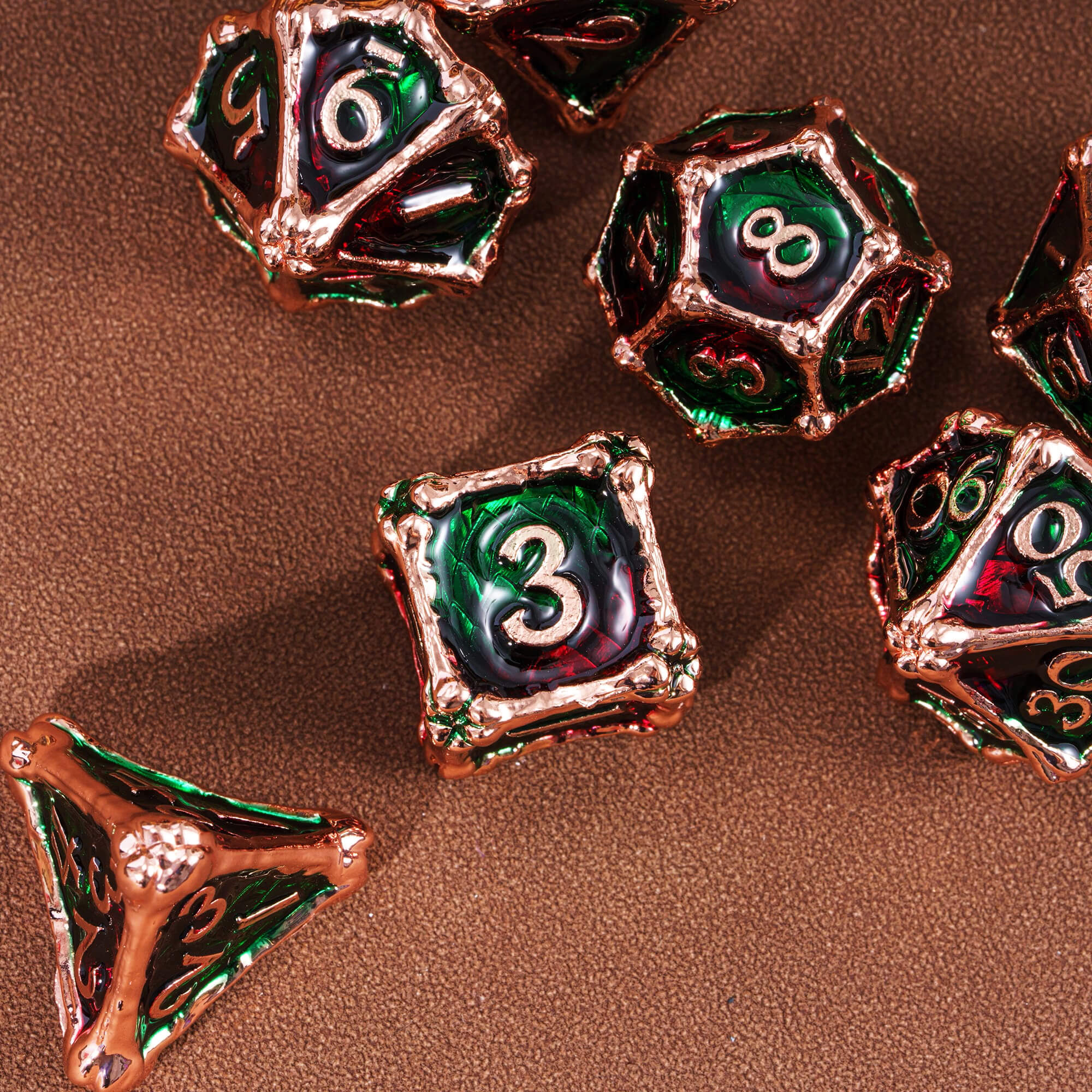 Dragon Bones 7 Metal Polyhedral Sets of Dice DnD Red Green - Dice of Dragons