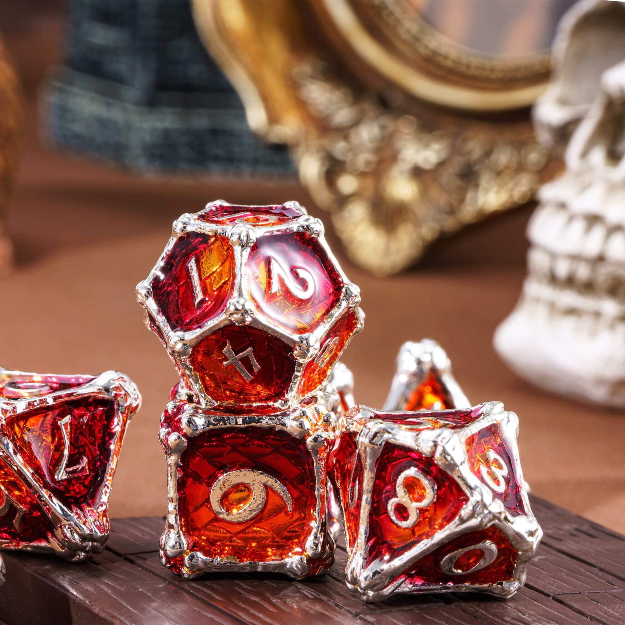 Dragon Bones 7 Metal Polyhedral Set Dice DnD Orange Red - Dice of Dragons