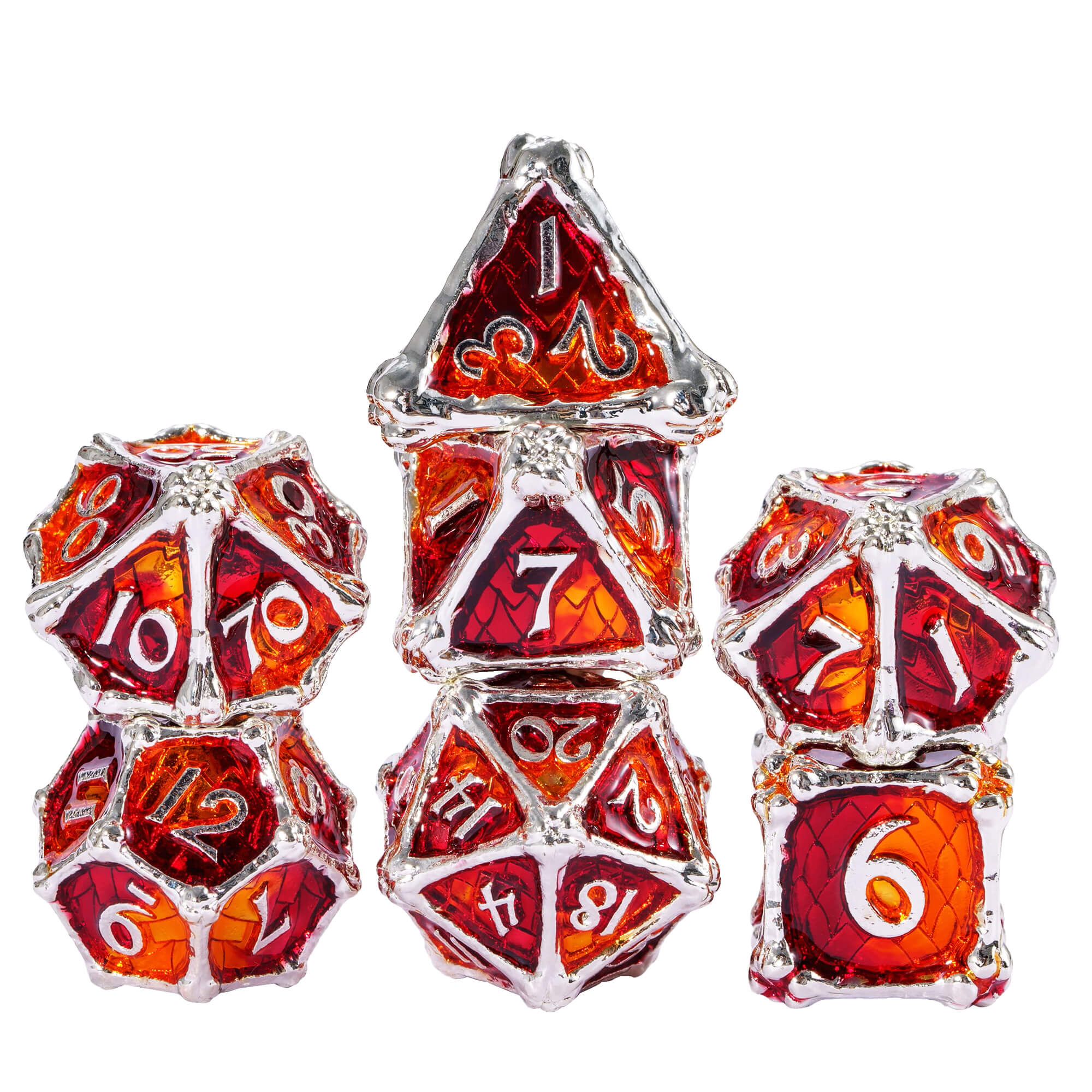 Dragon Bones 7 Metal Polyhedral Set Dice DnD Orange Red - Dice of Dragons