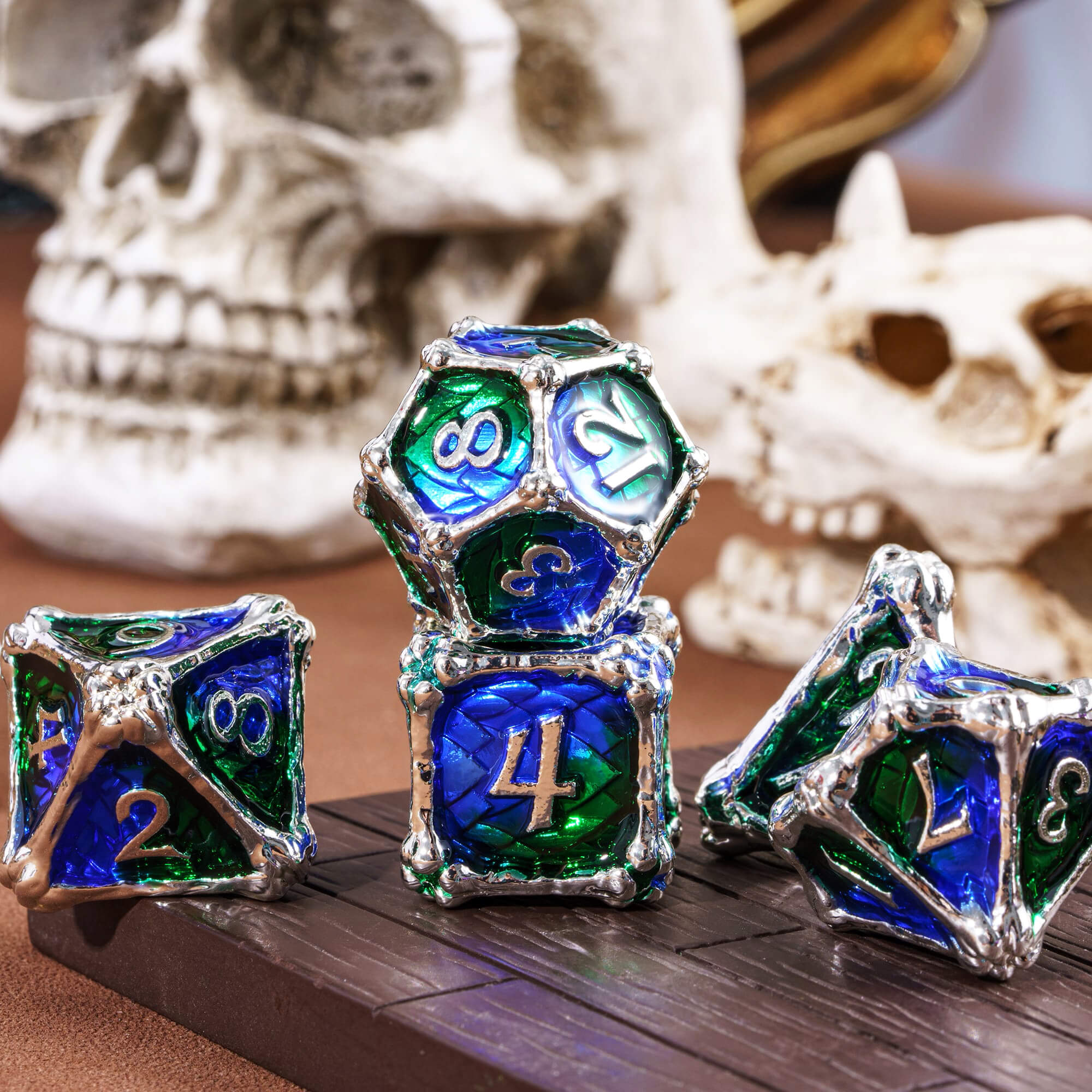 Dragon Bones 7 Metal Polyhedral Set of Dice DnD Blue Green - Dice of Dragons