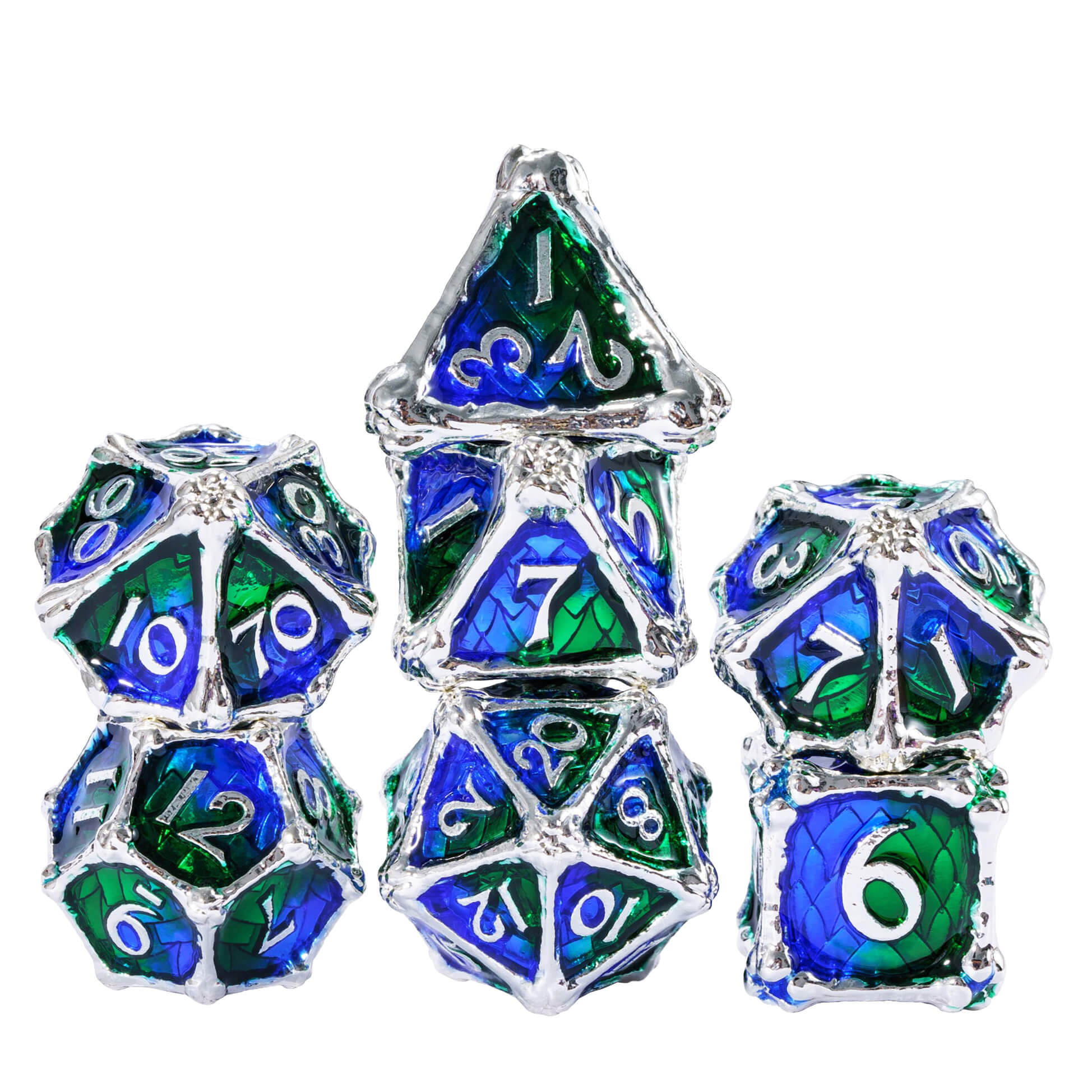 Dragon Bones 7 Metal Polyhedral Set of Dice DnD Blue Green - Dice of Dragons