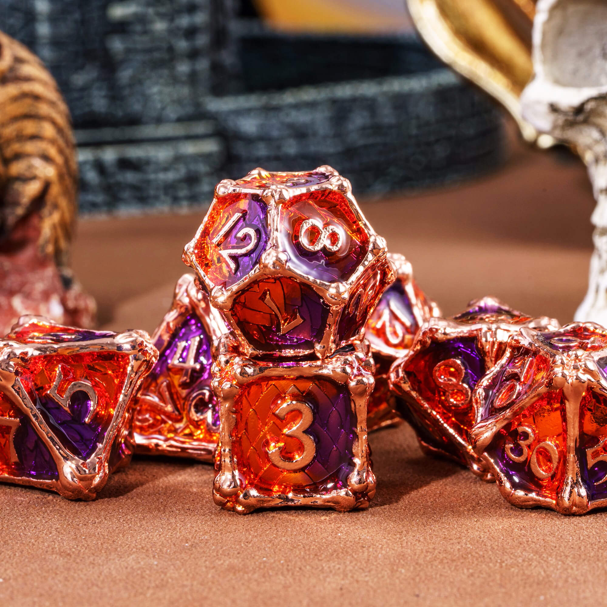 Dragon Bones 7 Metal Polyhedral Sets Dice DnD Purple Orange - Dice of Dragons