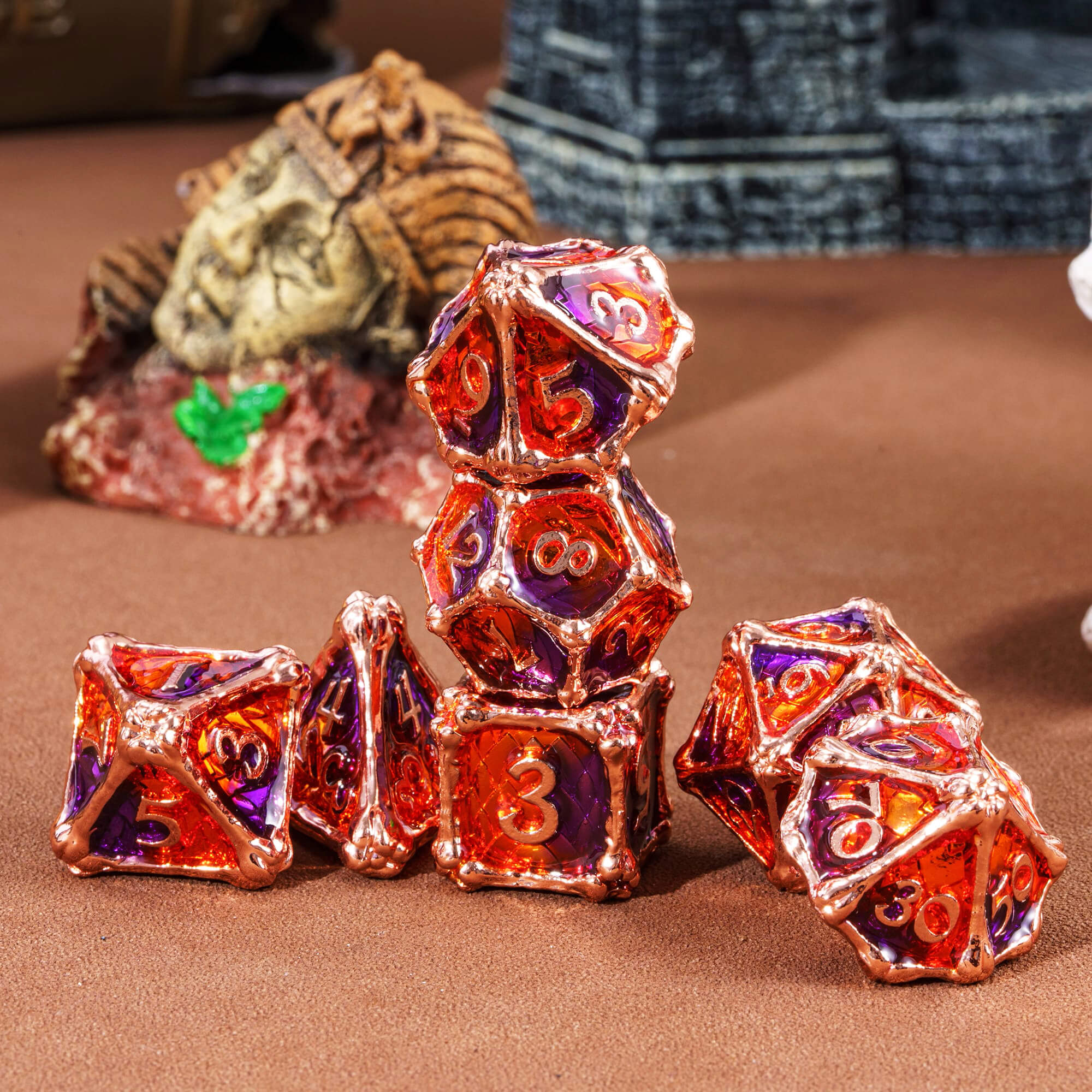 Dragon Bones 7 Metal Polyhedral Sets Dice DnD Purple Orange - Dice of Dragons