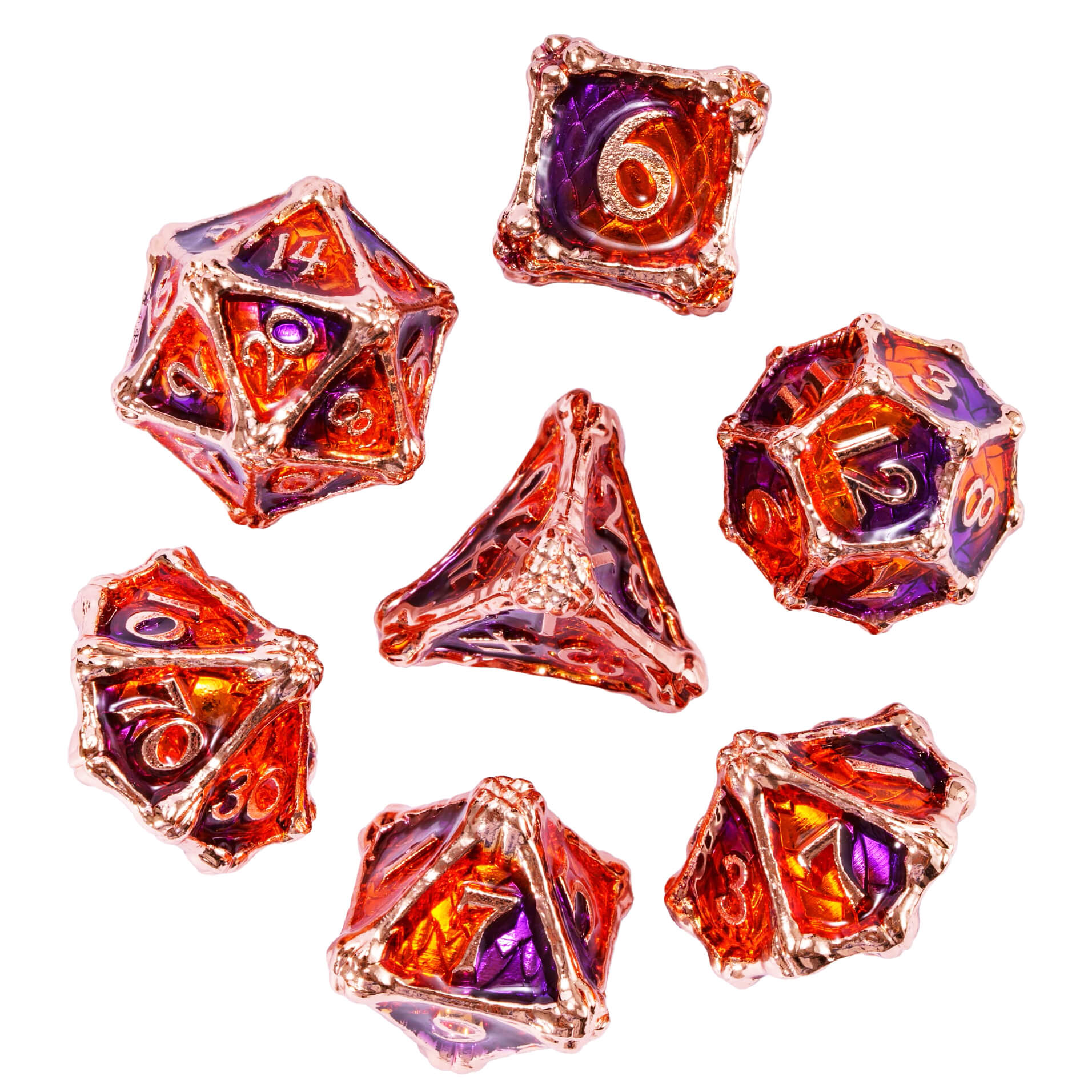 Dragon Bones 7 Metal Polyhedral Sets Dice DnD Purple Orange - Dice of Dragons