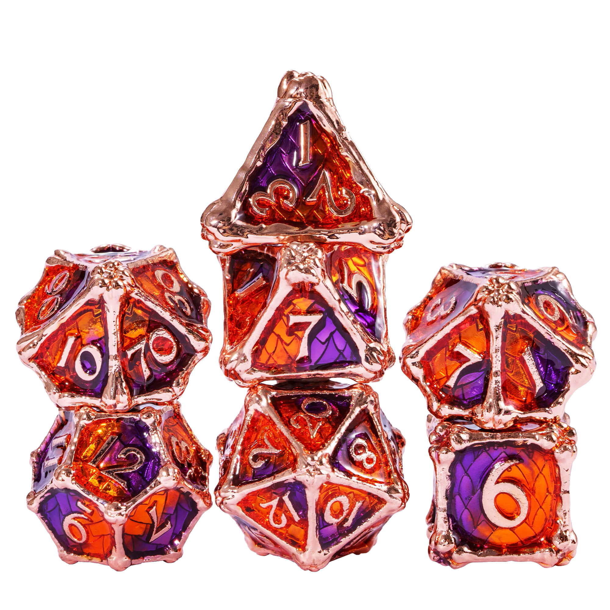 Dragon Bones 7 Metal Polyhedral Sets Dice DnD Purple Orange - Dice of Dragons