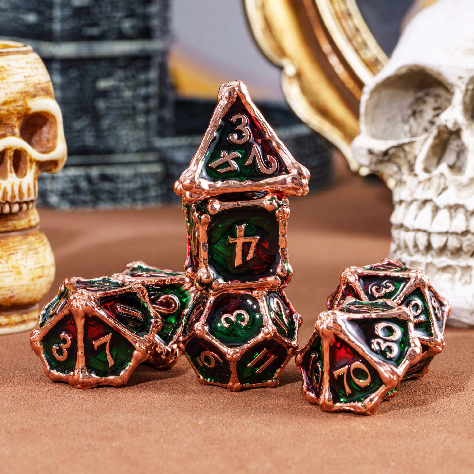 Dragon Bones 7 Metal Polyhedral Sets of Dice DnD Red Green - Dice of Dragons