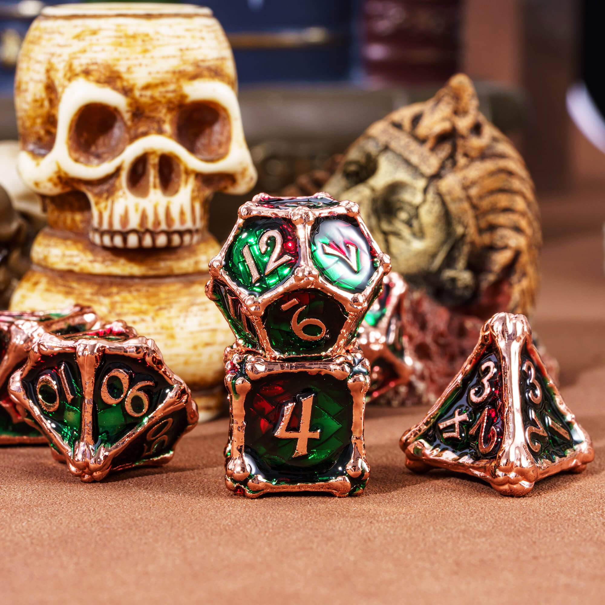 Dragon Bones 7 Metal Polyhedral Sets of Dice DnD Red Green - Dice of Dragons