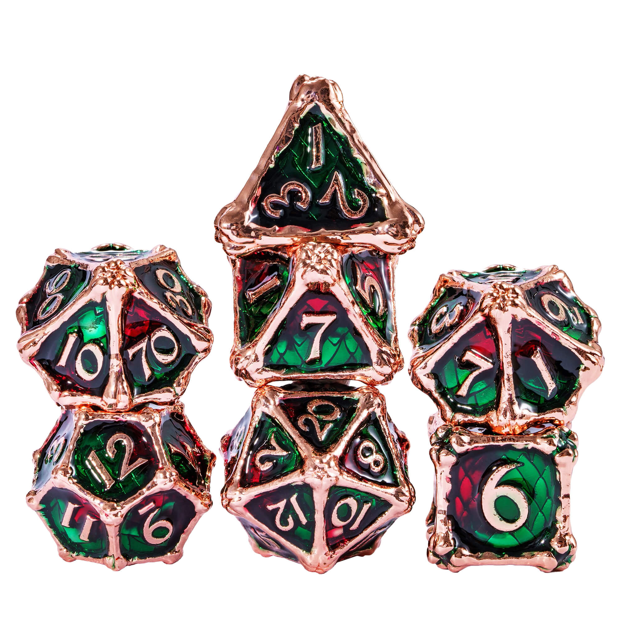 Dragon Bones 7 Metal Polyhedral Sets of Dice DnD Red Green - Dice of Dragons