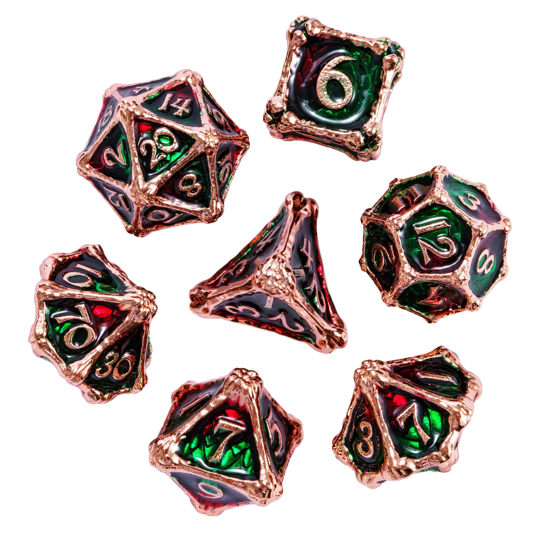 Dragon Bones 7 Metal Polyhedral Sets of Dice DnD Red Green - Dice of Dragons