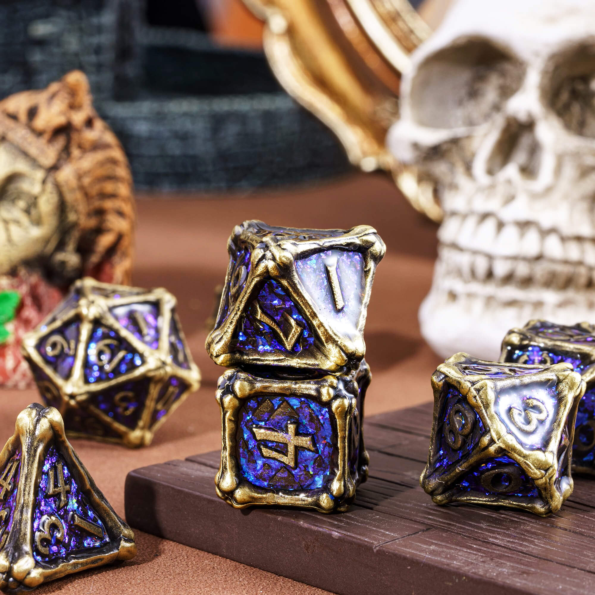 Dragon Bones 7 Polyhedral Metal Dice Set D And D Bronze - Dice of Dragons