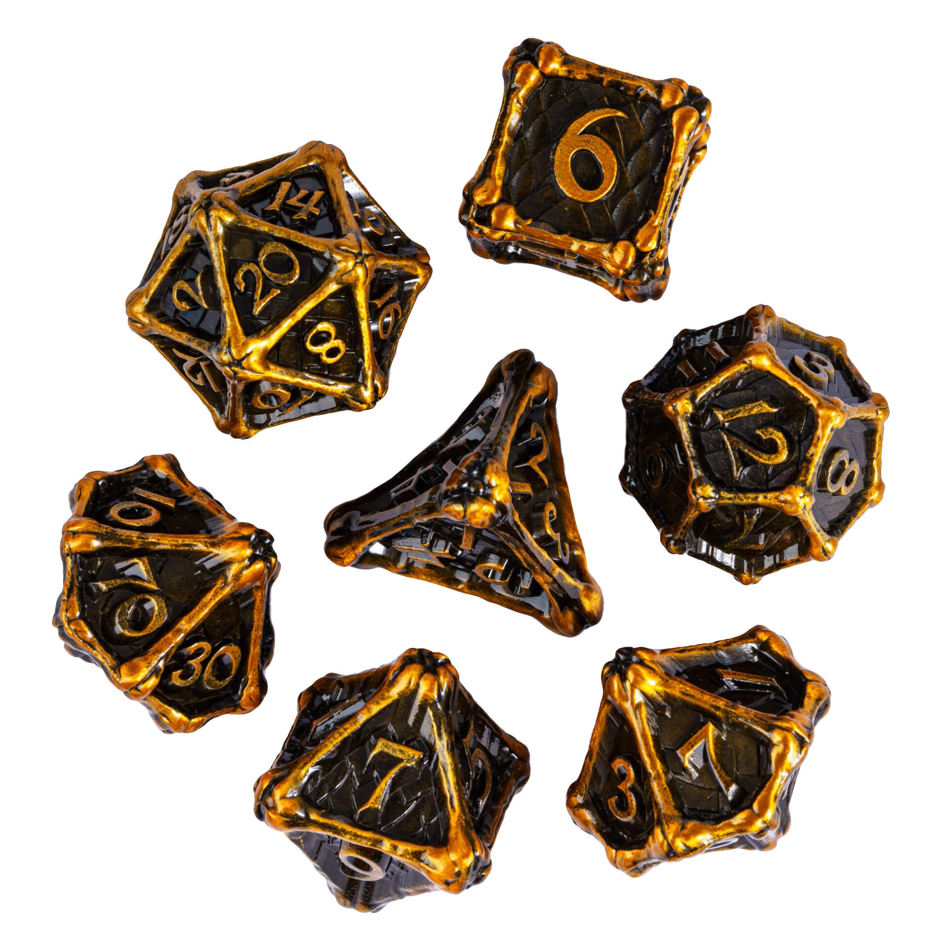 Dragon Bones 7 Polyhedral Metal Dice Sets D&D Gold - Dice of Dragons