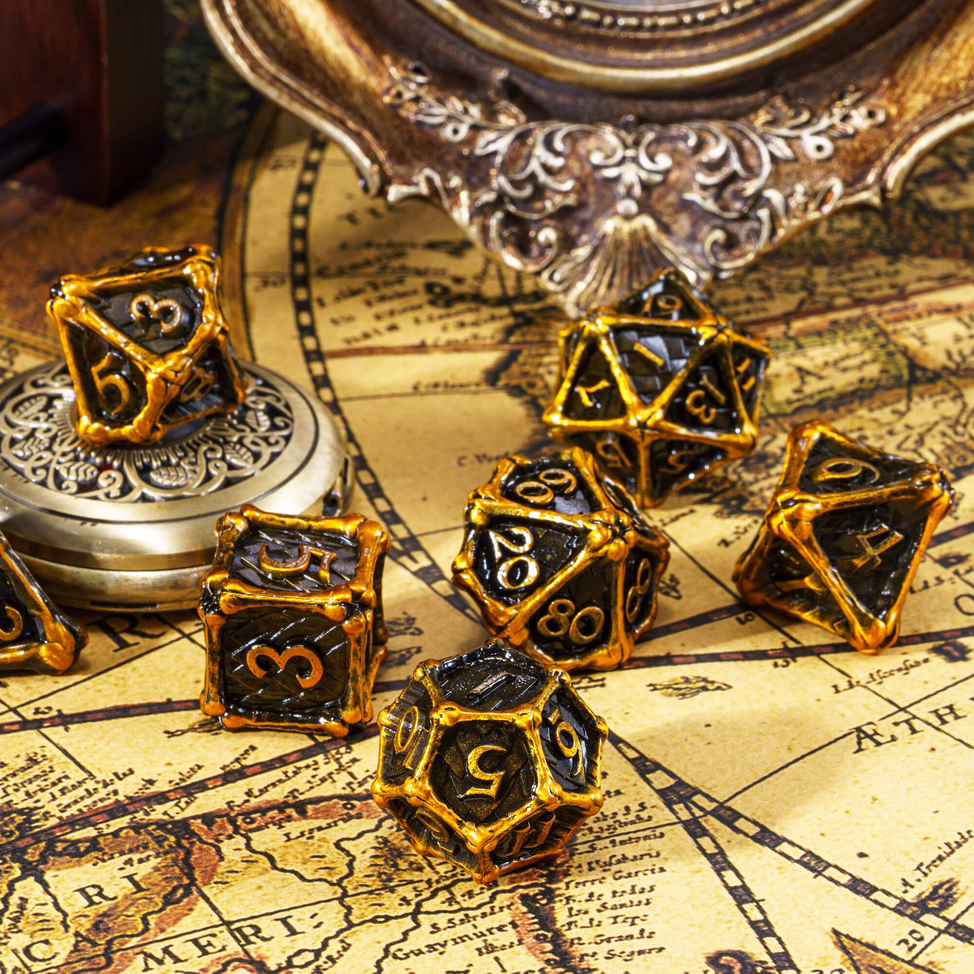 Dragon Bones 7 Polyhedral Metal Dice Sets D&D Gold - Dice of Dragons