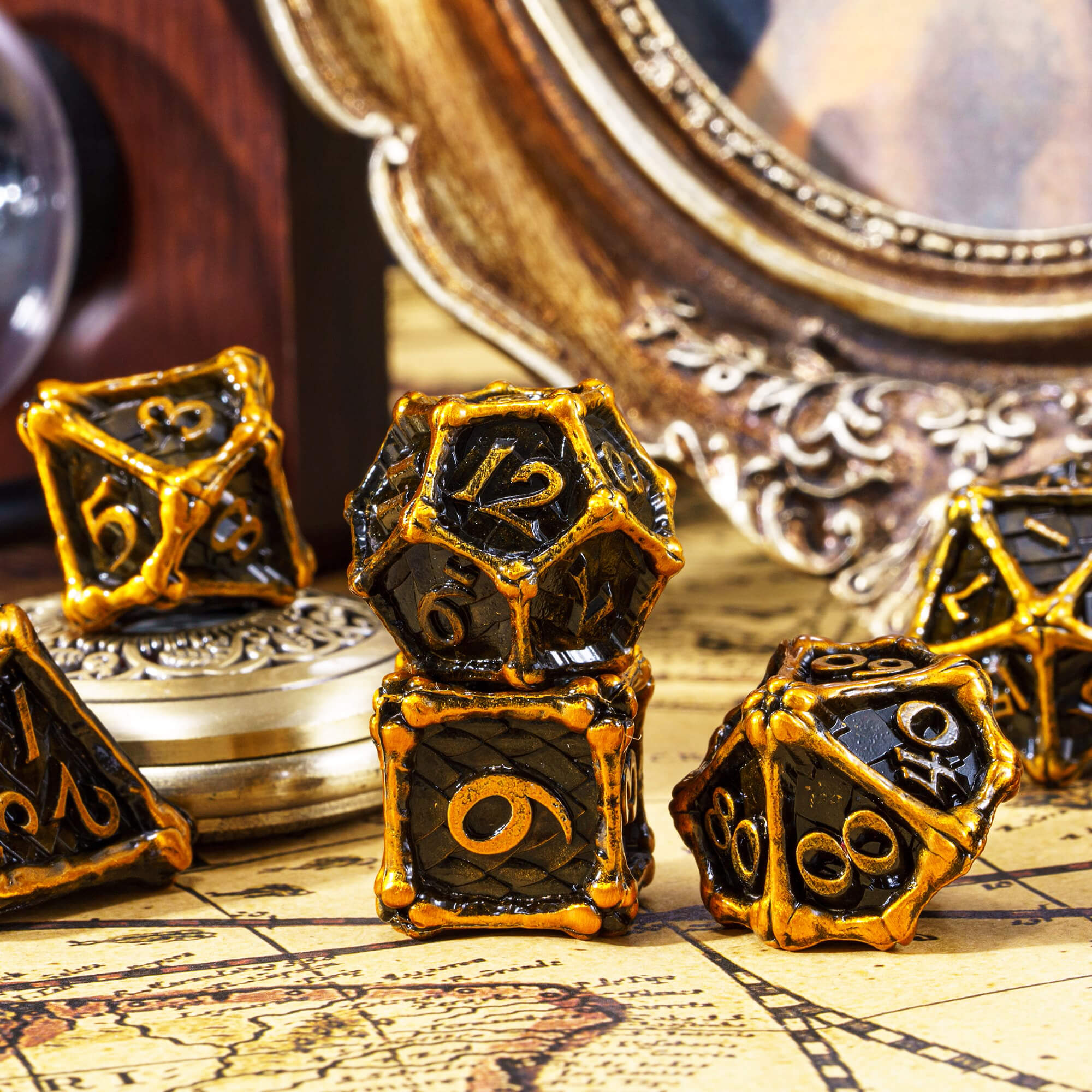 Dragon Bones 7 Polyhedral Metal Dice Sets D&D Gold - Dice of Dragons