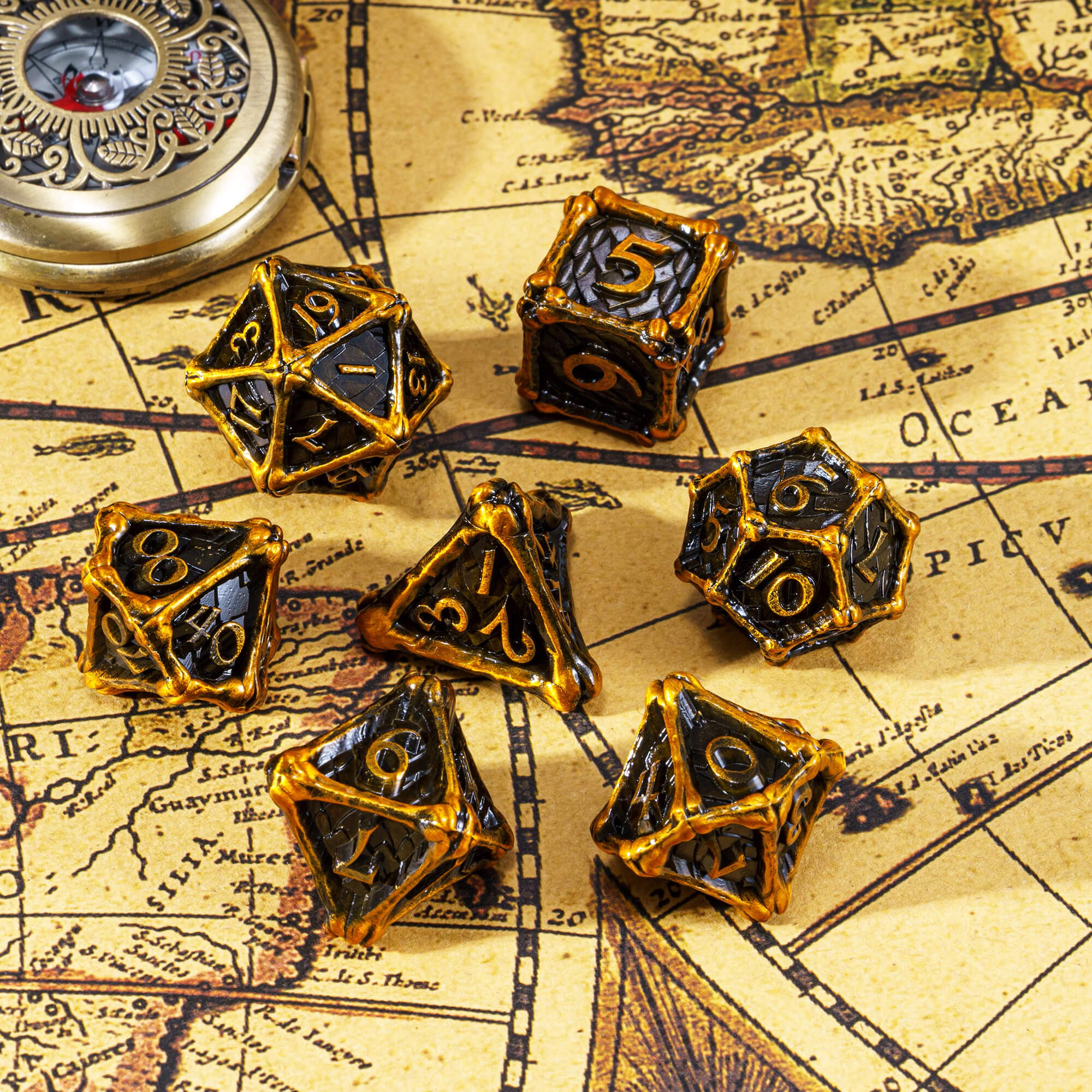 Dragon Bones 7 Polyhedral Metal Dice Sets D&D Gold - Dice of Dragons