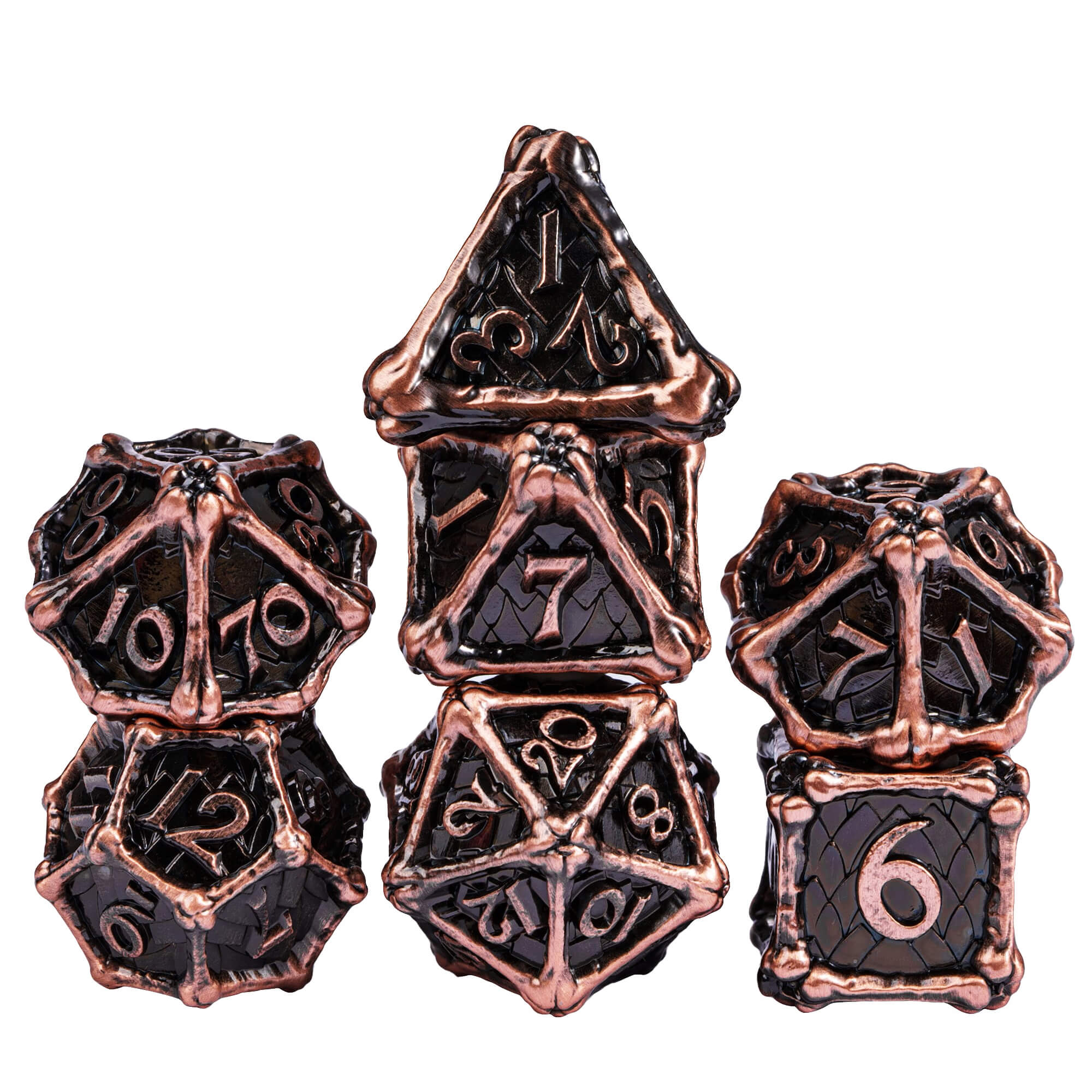 Dragon Bones 7 Polyhedral Metal DnD Dice Sets Red Copper - Dice of Dragons