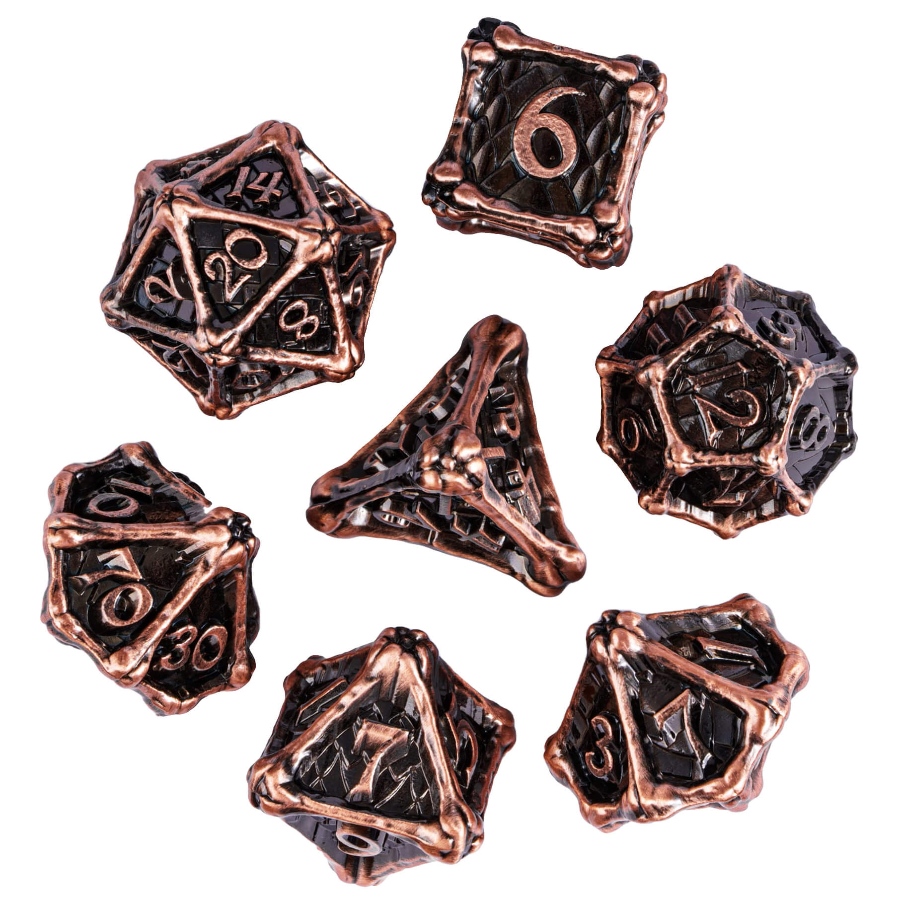 Dragon Bones 7 Polyhedral Metal DnD Dice Sets Red Copper - Dice of Dragons