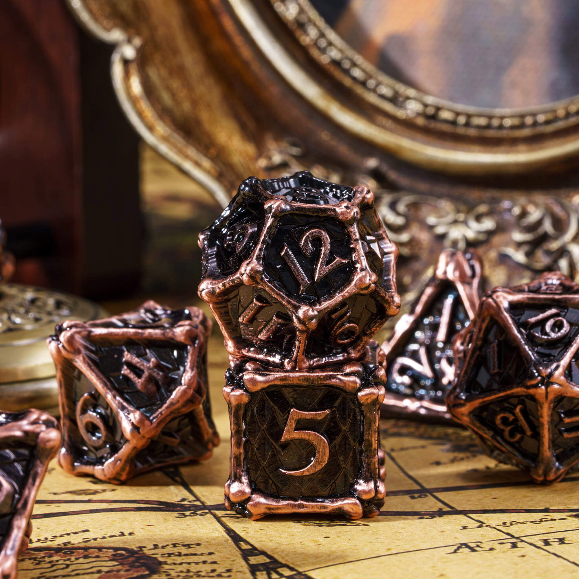 Dragon Bones 7 Polyhedral Metal DnD Dice Sets Red Copper - Dice of Dragons