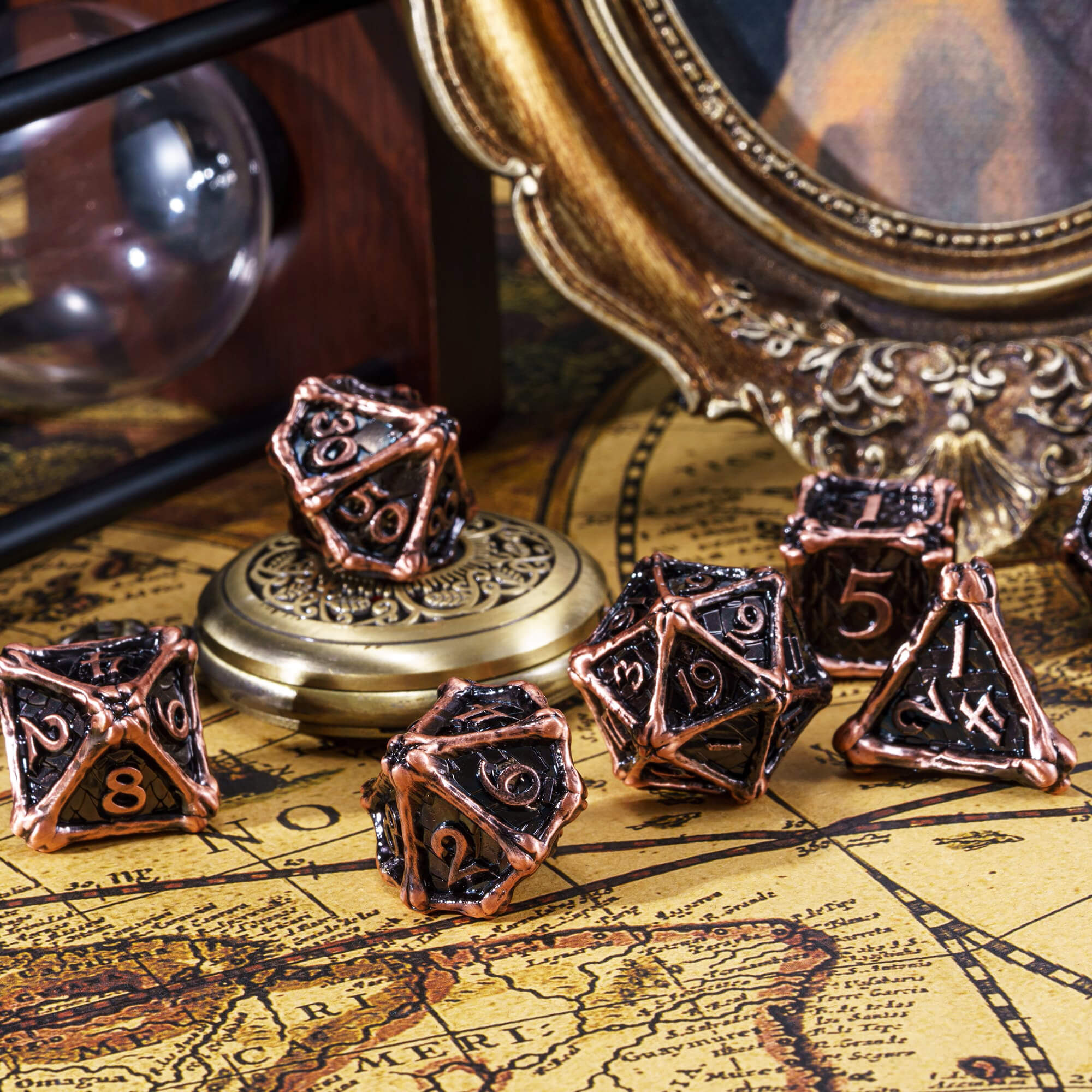 Dragon Bones 7 Polyhedral Metal DnD Dice Sets Red Copper - Dice of Dragons