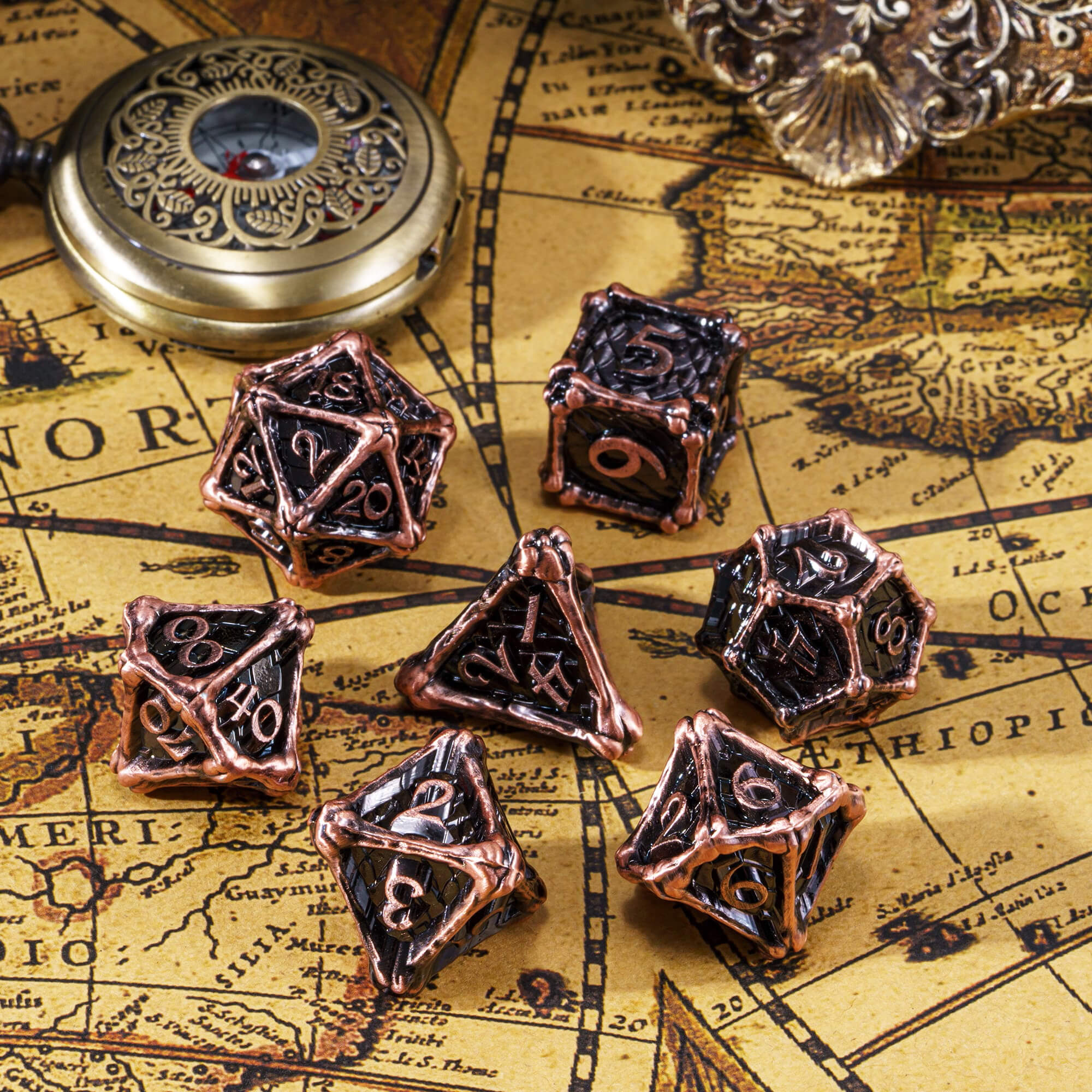 Dragon Bones 7 Polyhedral Metal DnD Dice Sets Red Copper - Dice of Dragons