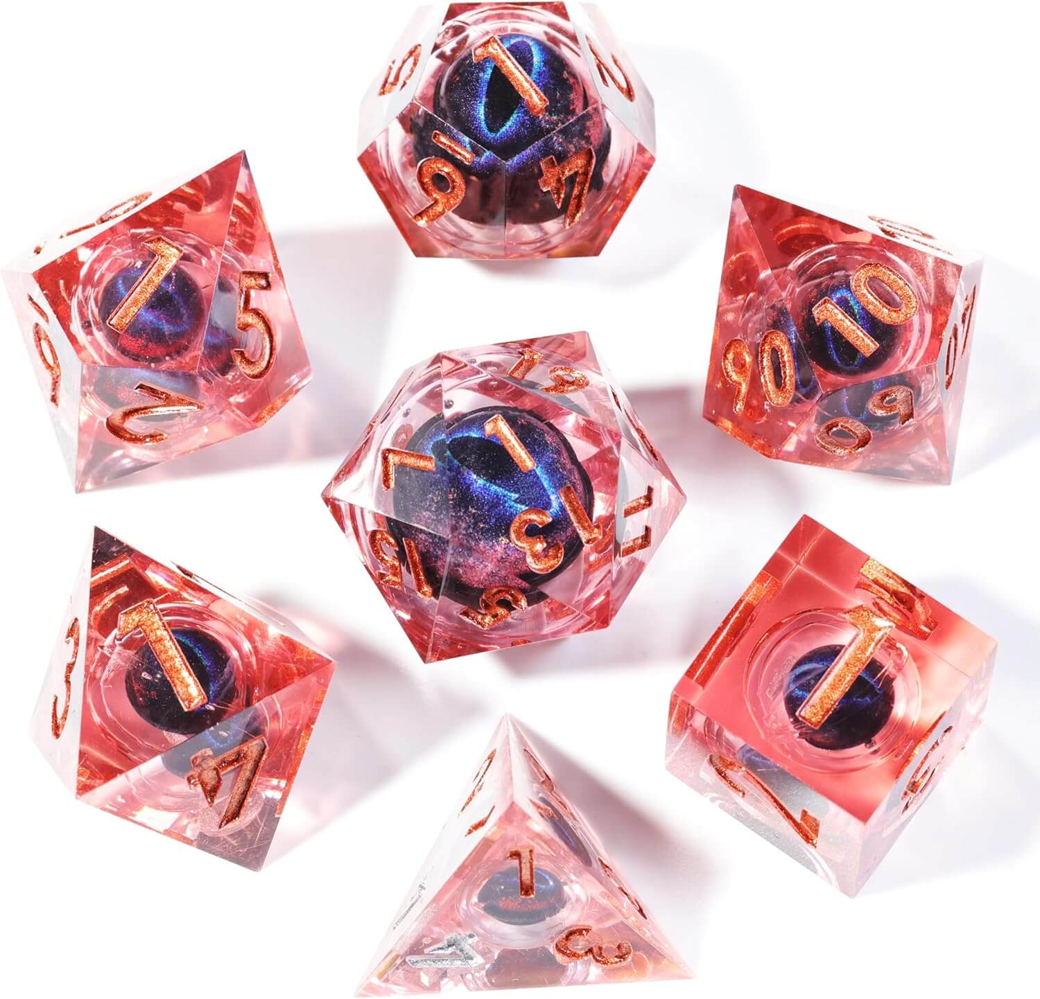 Dragon Eye 7-Piece Sharp Edge Polyhedral Resin D&D Dice Set - Dice of Dragons