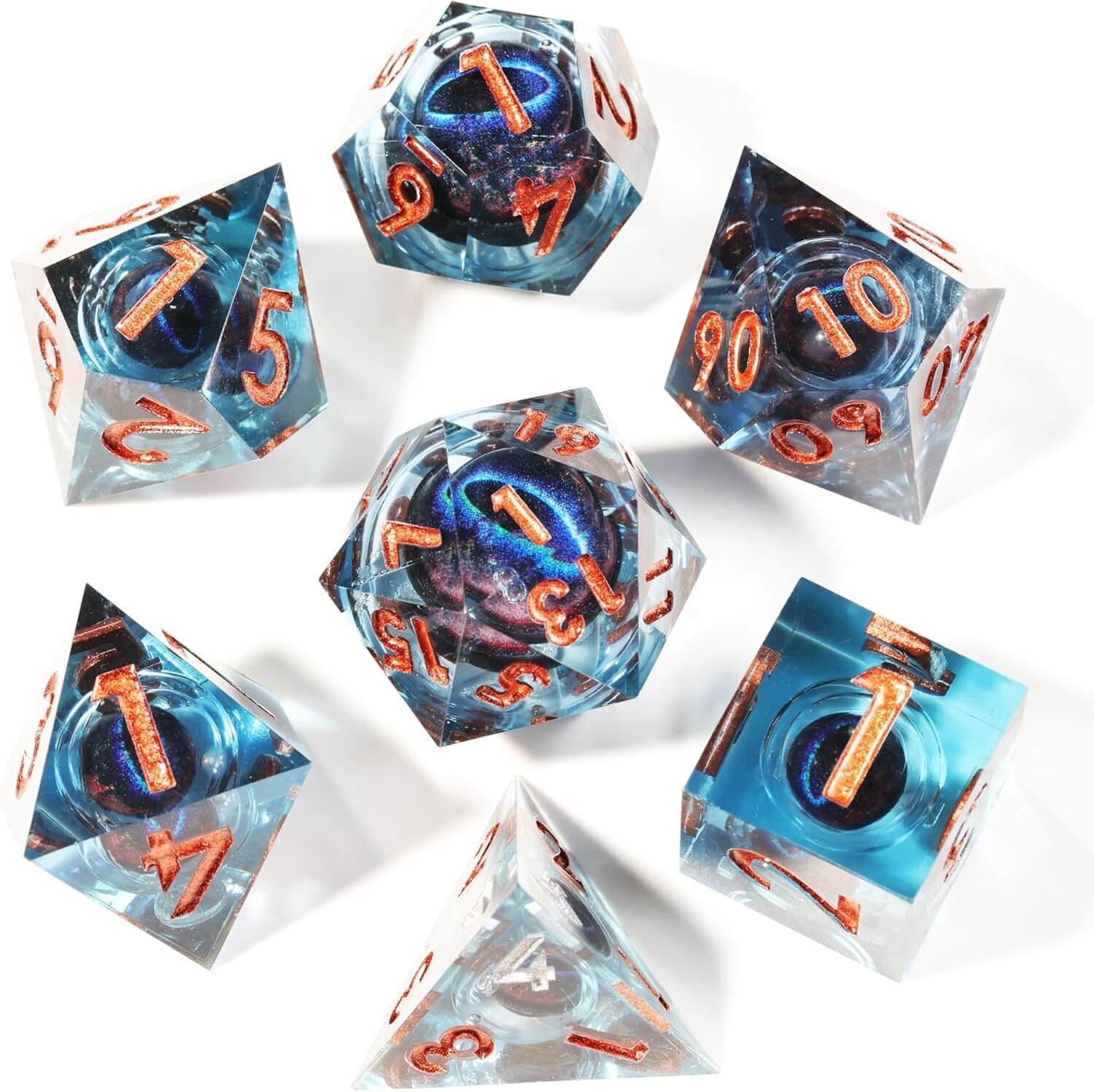 Dragon Eye Sharp Edge Resin Polyhedral 7-Piece D&D Dice Set - Dice of Dragons