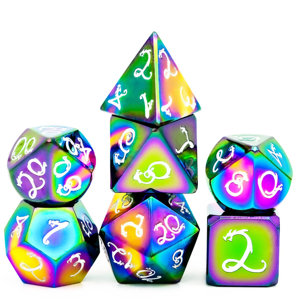 Dragon Font 7 Polyhedral Metal DD Dice Set Colorful White - Dice of Dragons