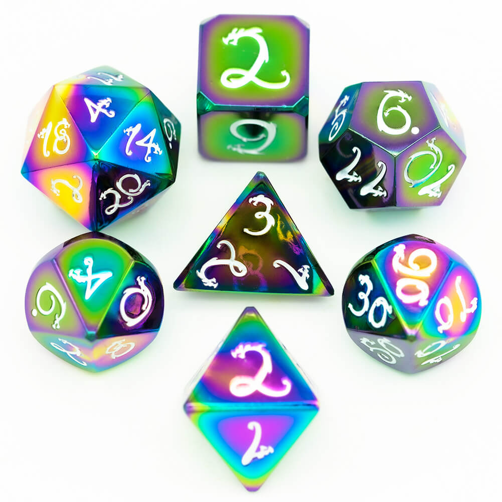 Dragon Font 7 Polyhedral Metal DD Dice Set Colorful White - Dice of Dragons