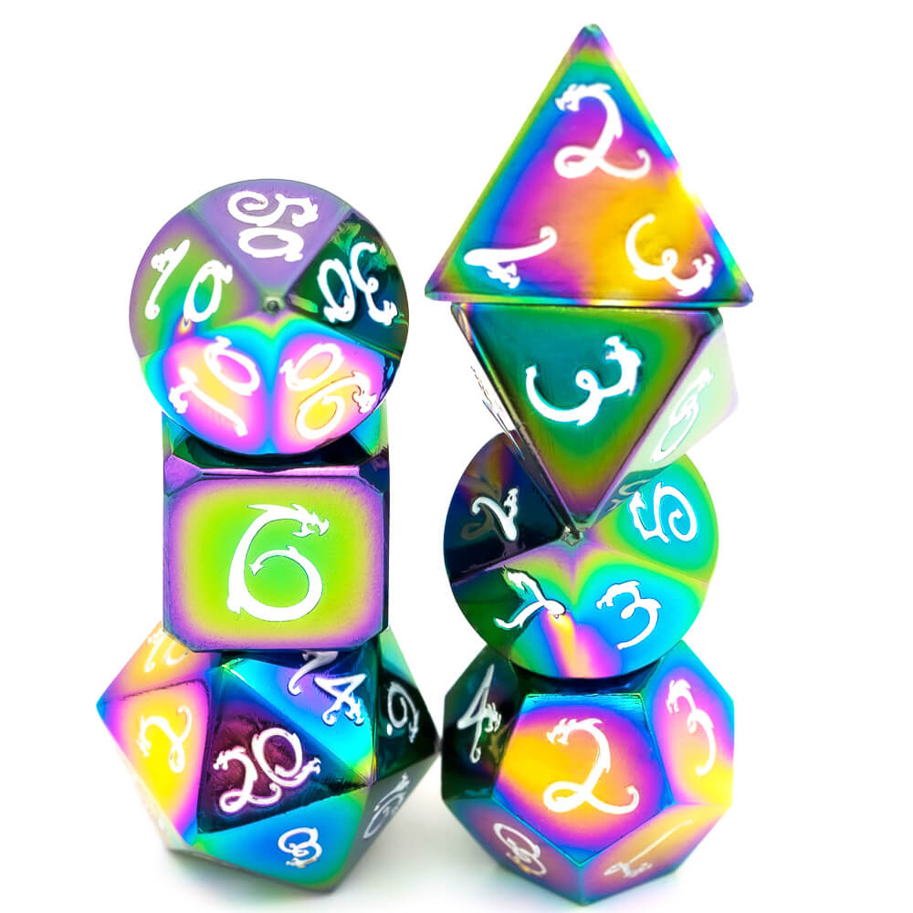 Dragon Font 7 Polyhedral Metal DD Dice Set Colorful White - Dice of Dragons