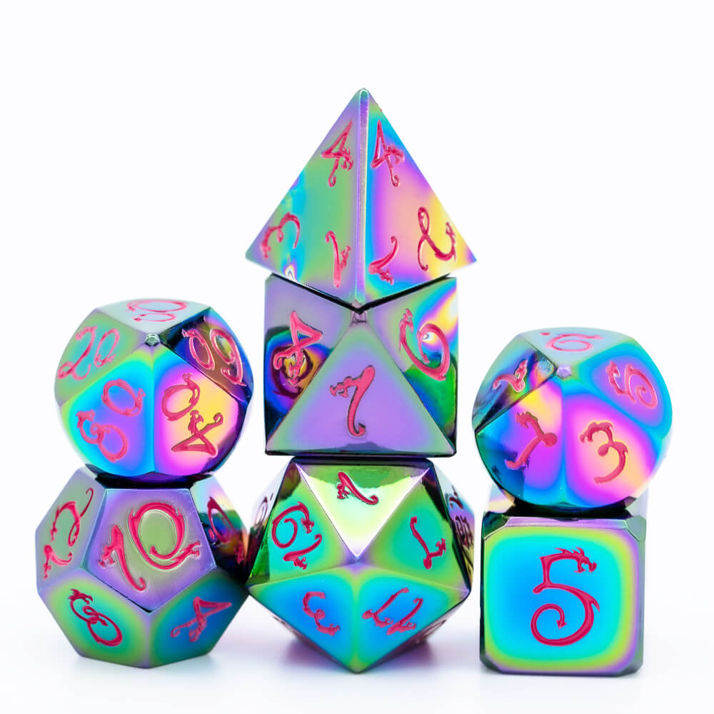 Dragon Font 7 Polyhedral Metal Dice Set D And D Colorful Pink - Dice of Dragons