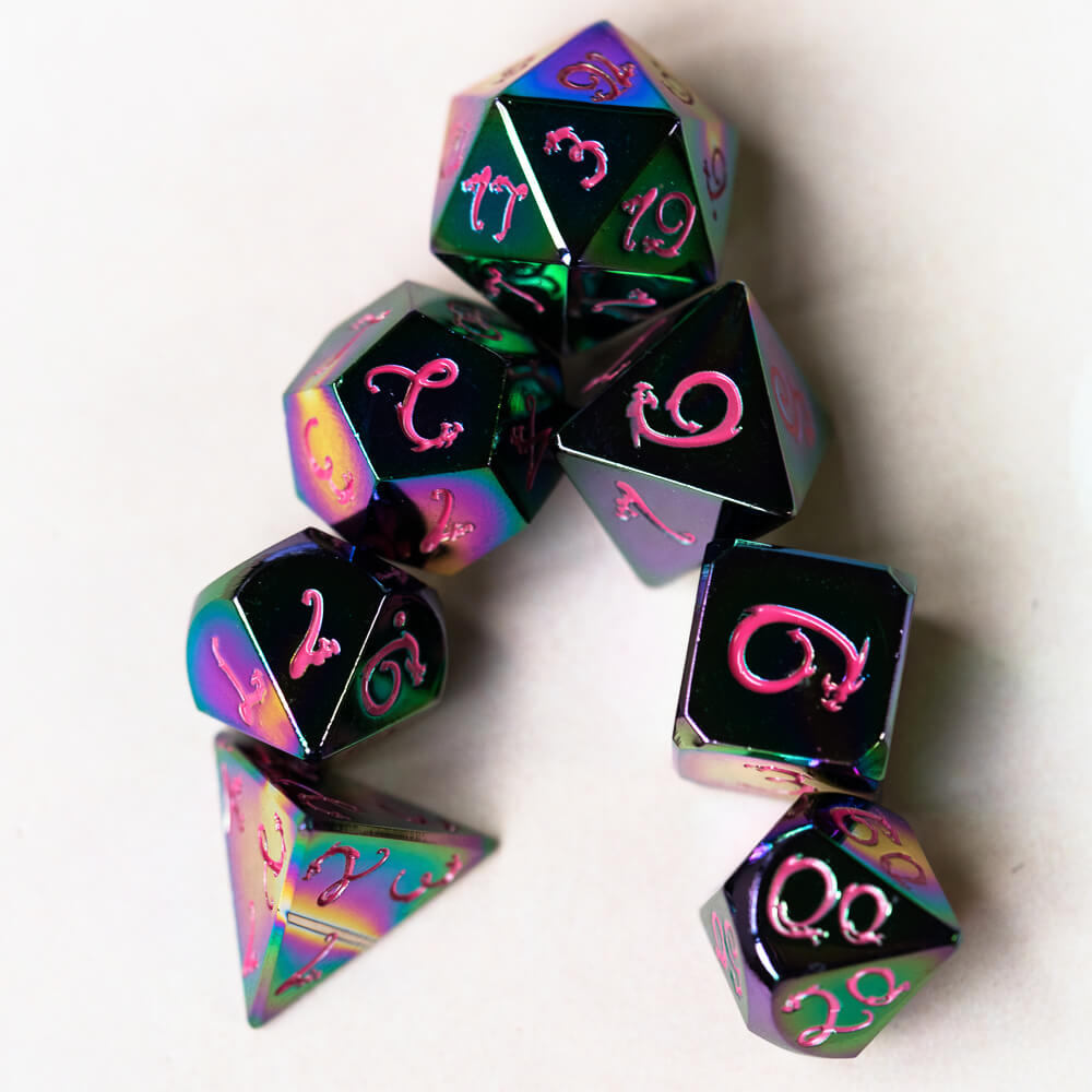 Dragon Font 7 Polyhedral Metal Dice Set D And D Colorful Pink - Dice of Dragons