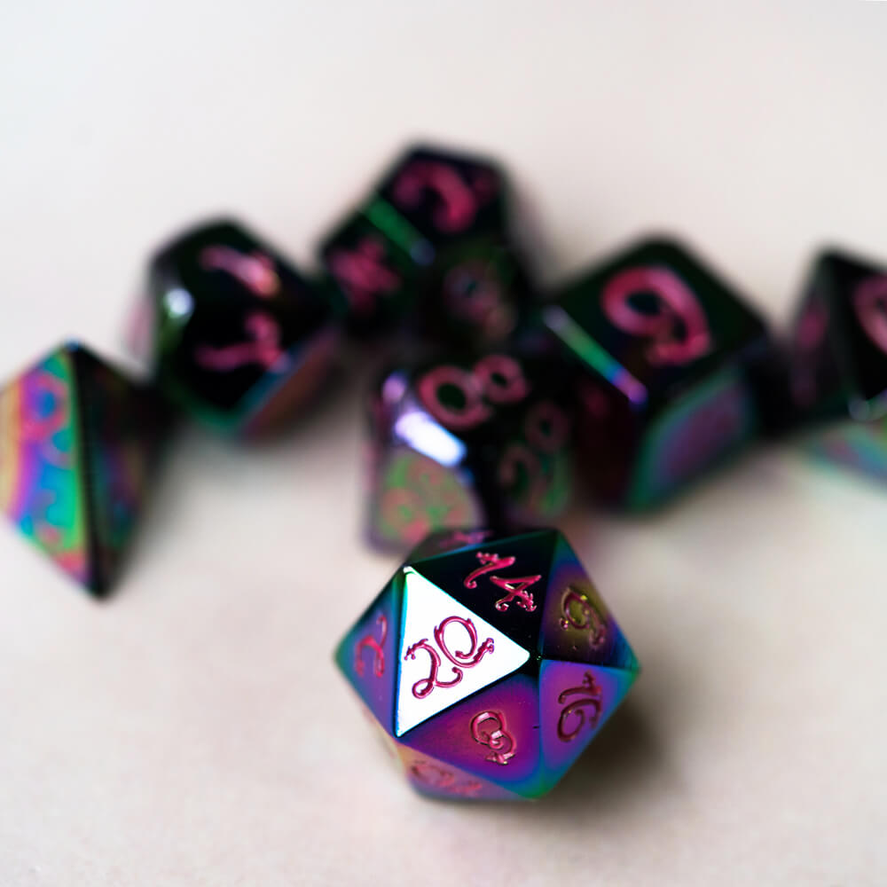 Dragon Font 7 Polyhedral Metal Dice Set D And D Colorful Pink - Dice of Dragons