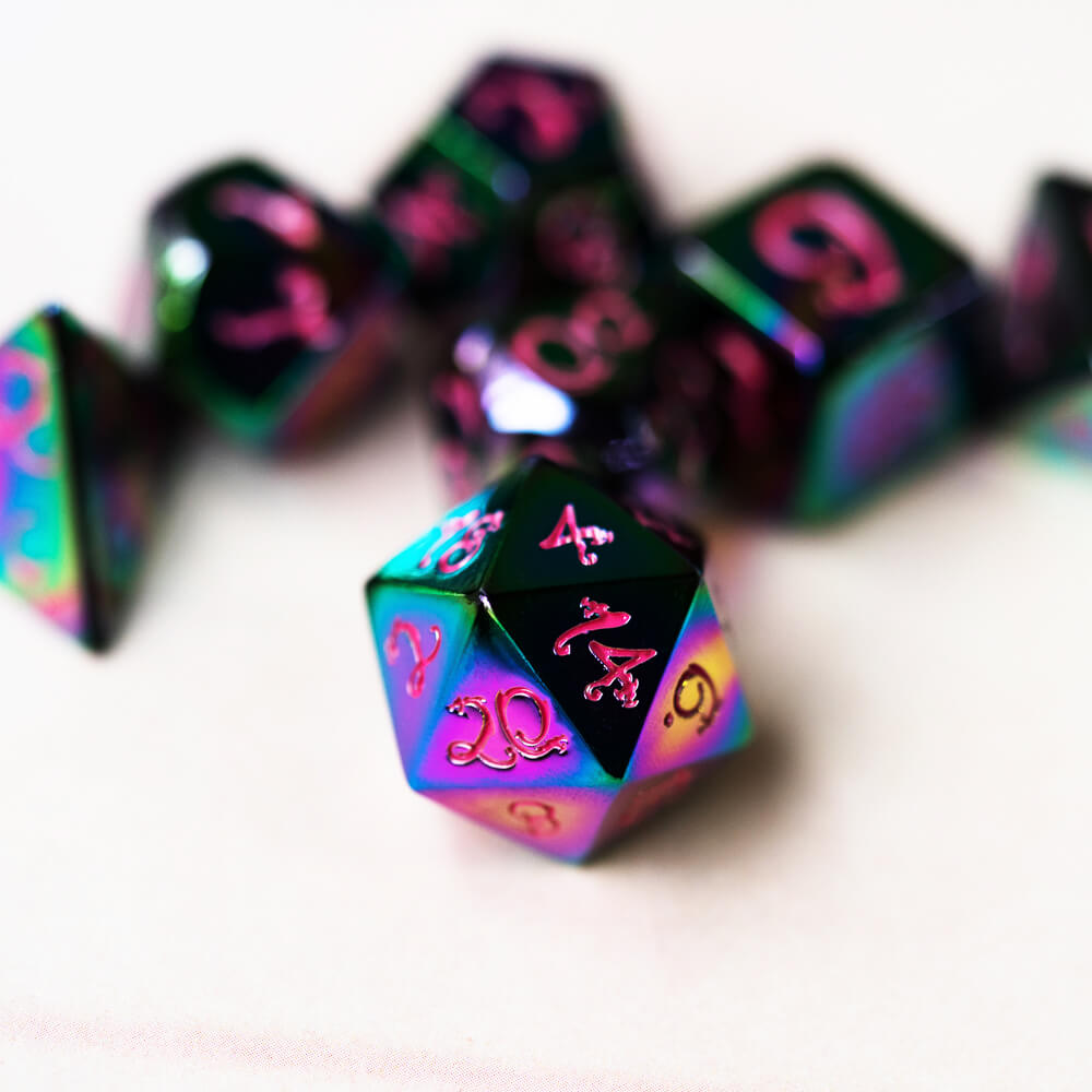 Dragon Font 7 Polyhedral Metal Dice Set D And D Colorful Pink - Dice of Dragons