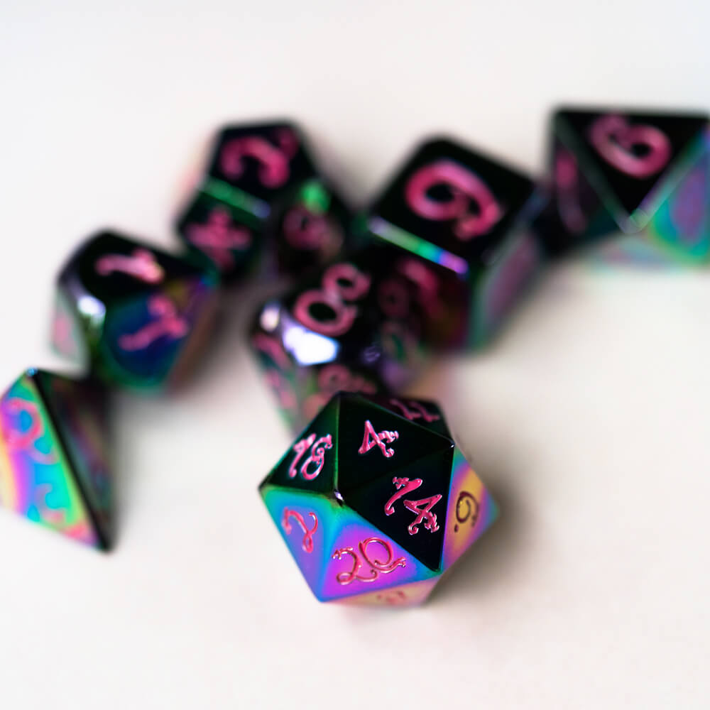 Dragon Font 7 Polyhedral Metal Dice Set D And D Colorful Pink - Dice of Dragons