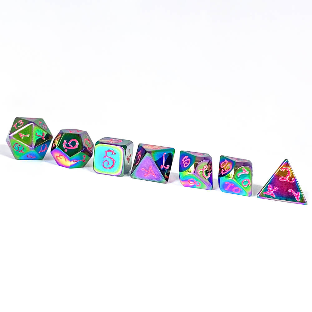 Dragon Font 7 Polyhedral Metal Dice Set D And D Colorful Pink - Dice of Dragons