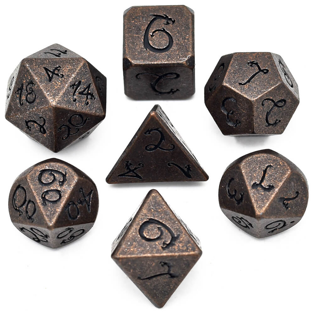 Dragon Font 7 Polyhedral Metal Dice Set DnD Red Copper - Dice of Dragons